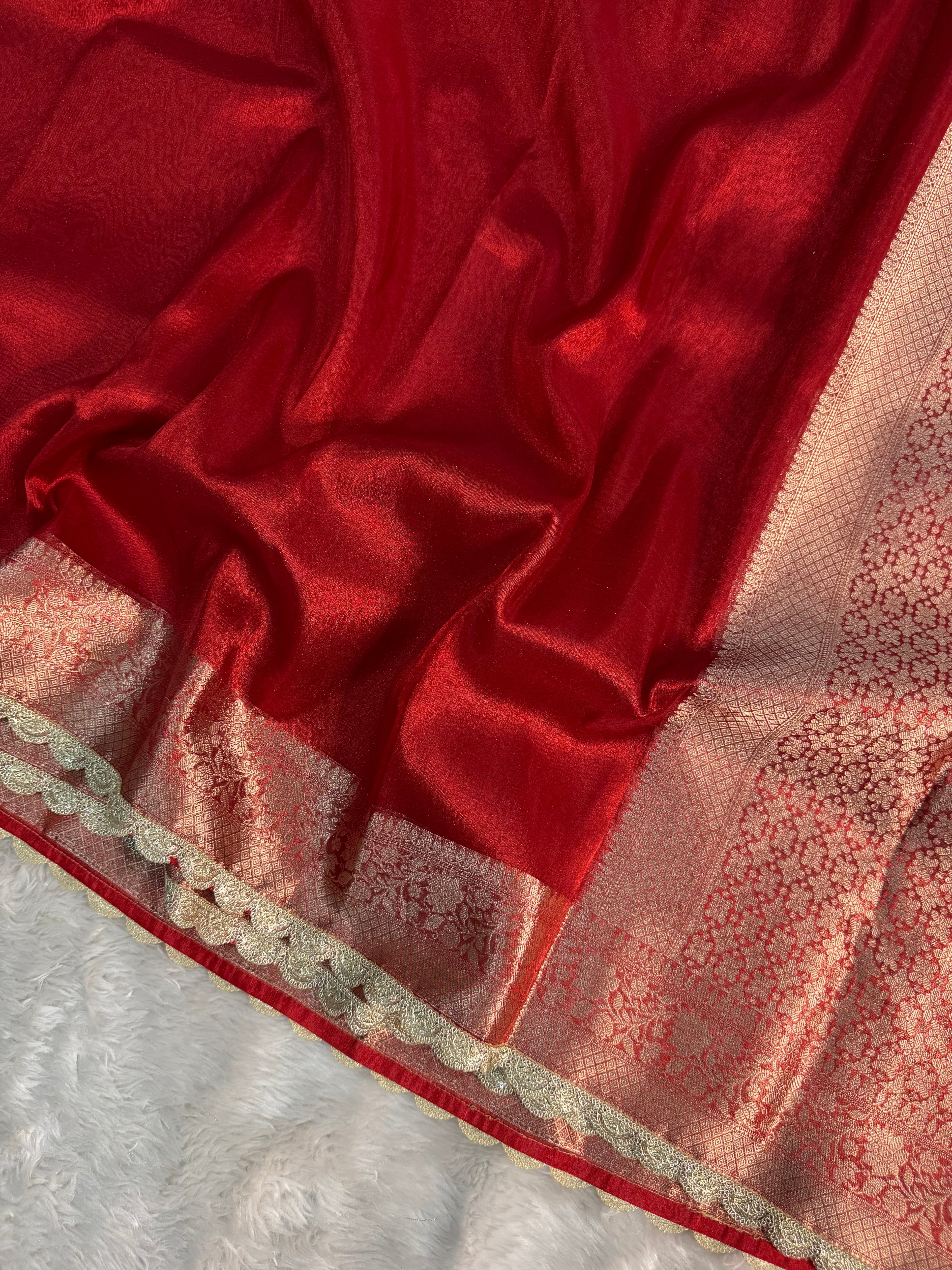 PREMIUM RED SHADE SOFT TISSUE SILK SAREE WITH LACE ATTACHED