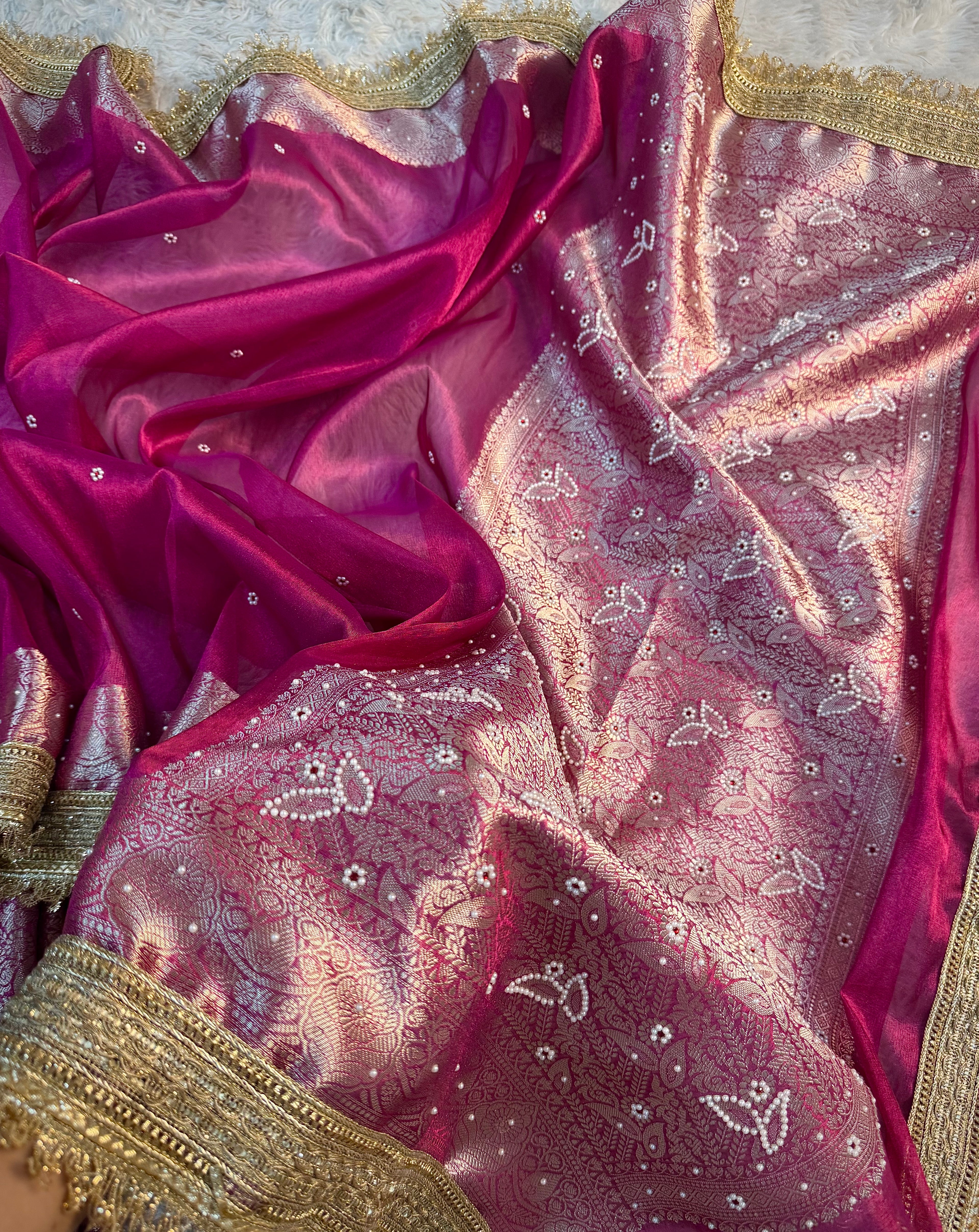 LUXURIOUS RANI SHADE SOFT TISSUE SILK SAREE HAND STONE WORK WITH LACE ATTACHED