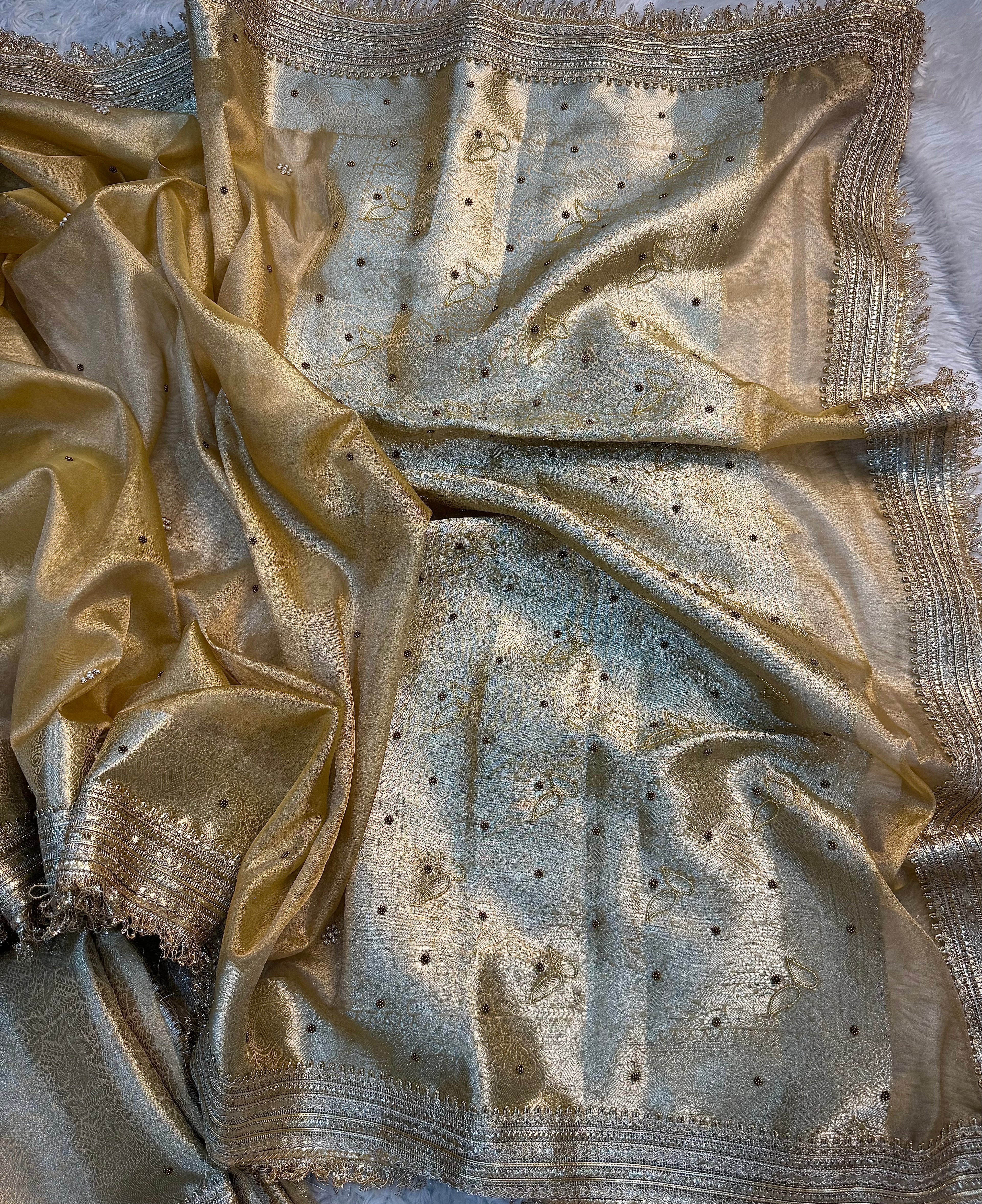 LUXURIOUS CLASSY BEIGE SHADE SOFT TISSUE SILK WITH PREMIUM HAND EMBROIDERY AND LACE WORK