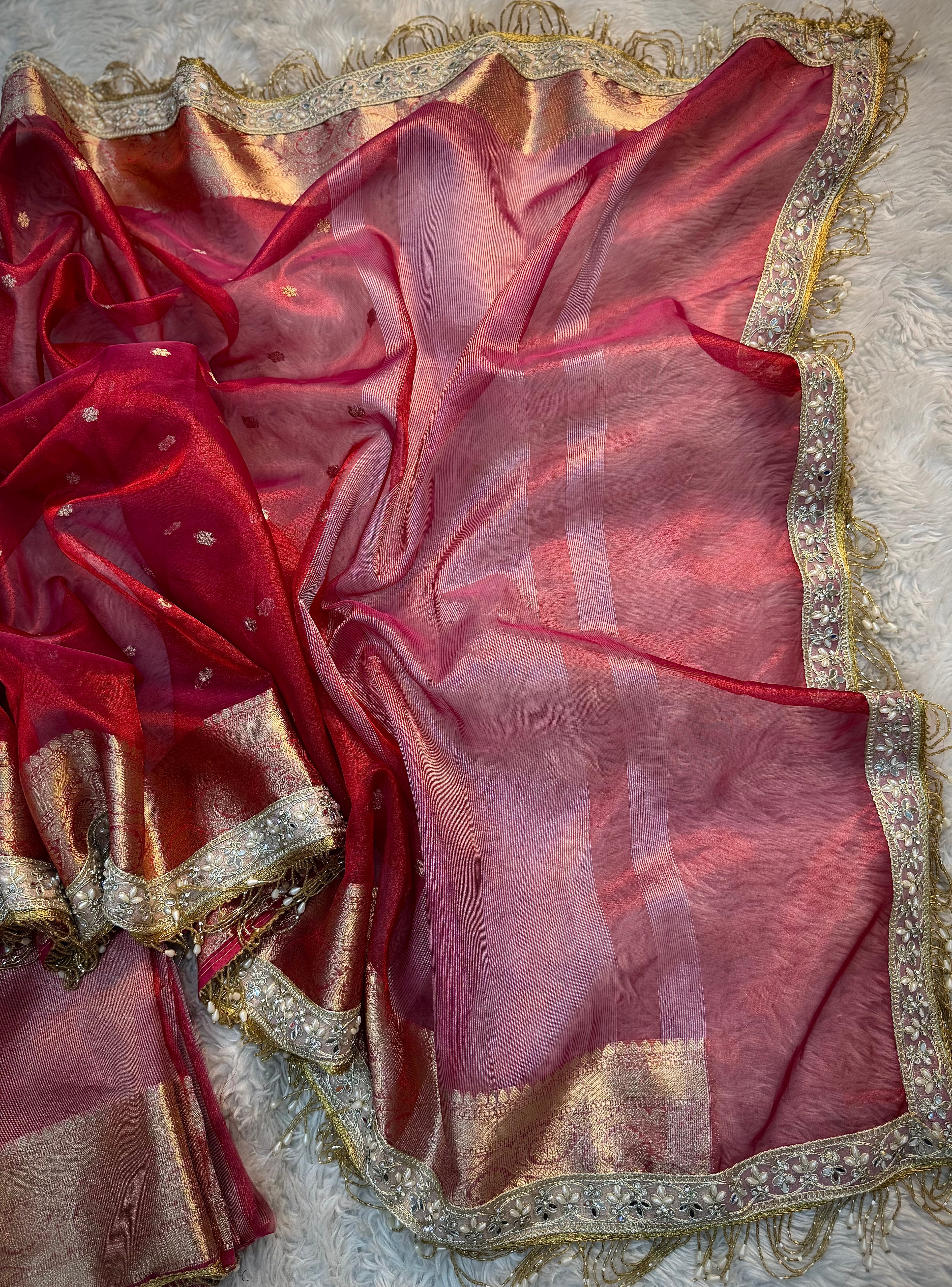 PREMIUM PINK RED SHADE DESIGNER SOFT TISSUE SILK BOOTI SAREE WITH MAHARANI LACE ATTACHED