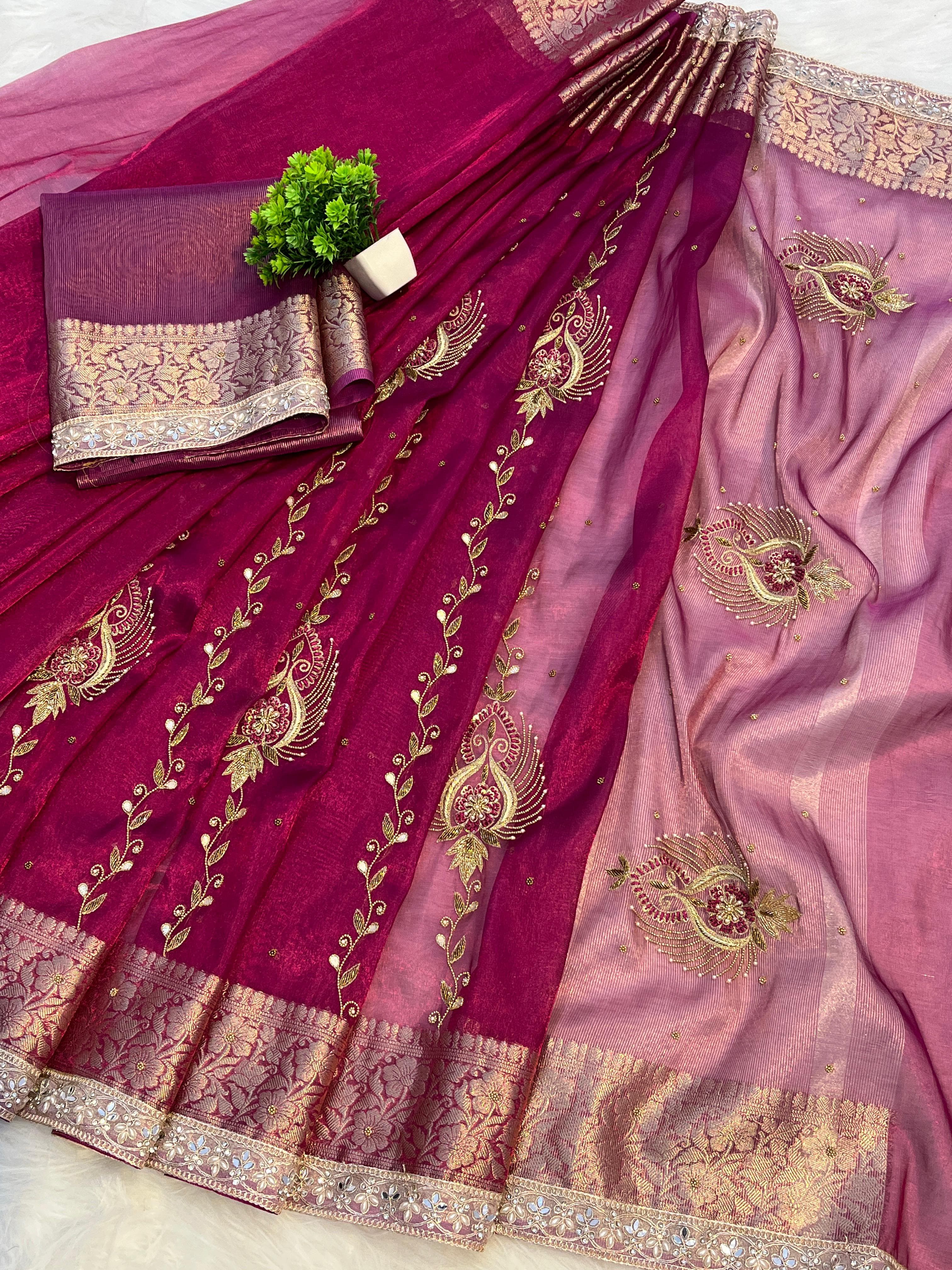 LUXURIOUS RANI SHADE SOFT TISSUE SILK WITH PREMIUM ZARDOZI AND LACE WORK