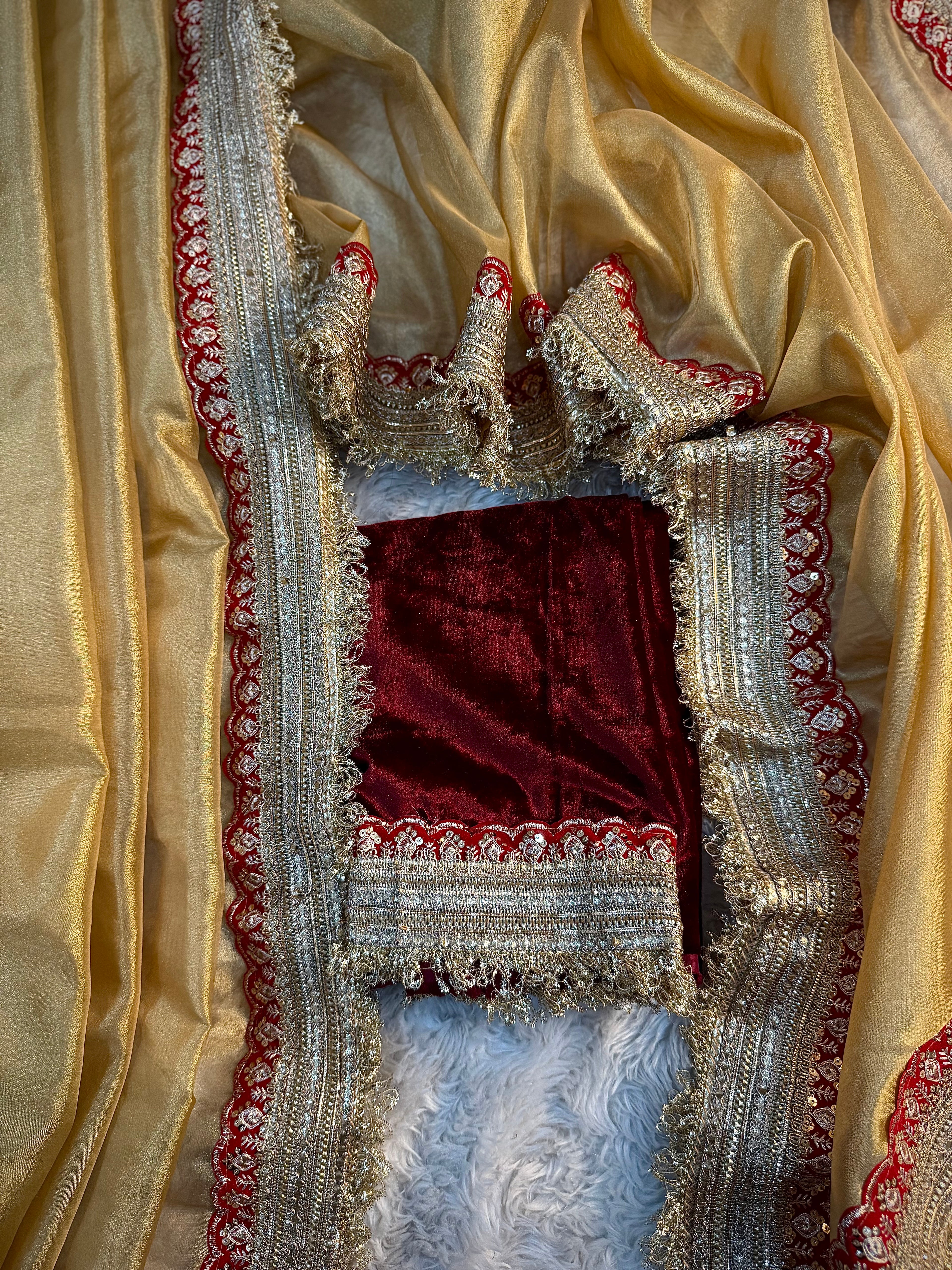 PREMIUM LIGHT GOLDEN SHADE SOFT TISSUE SILK SAREE WITH HEAVY LACE AND VELVET BLOUSE