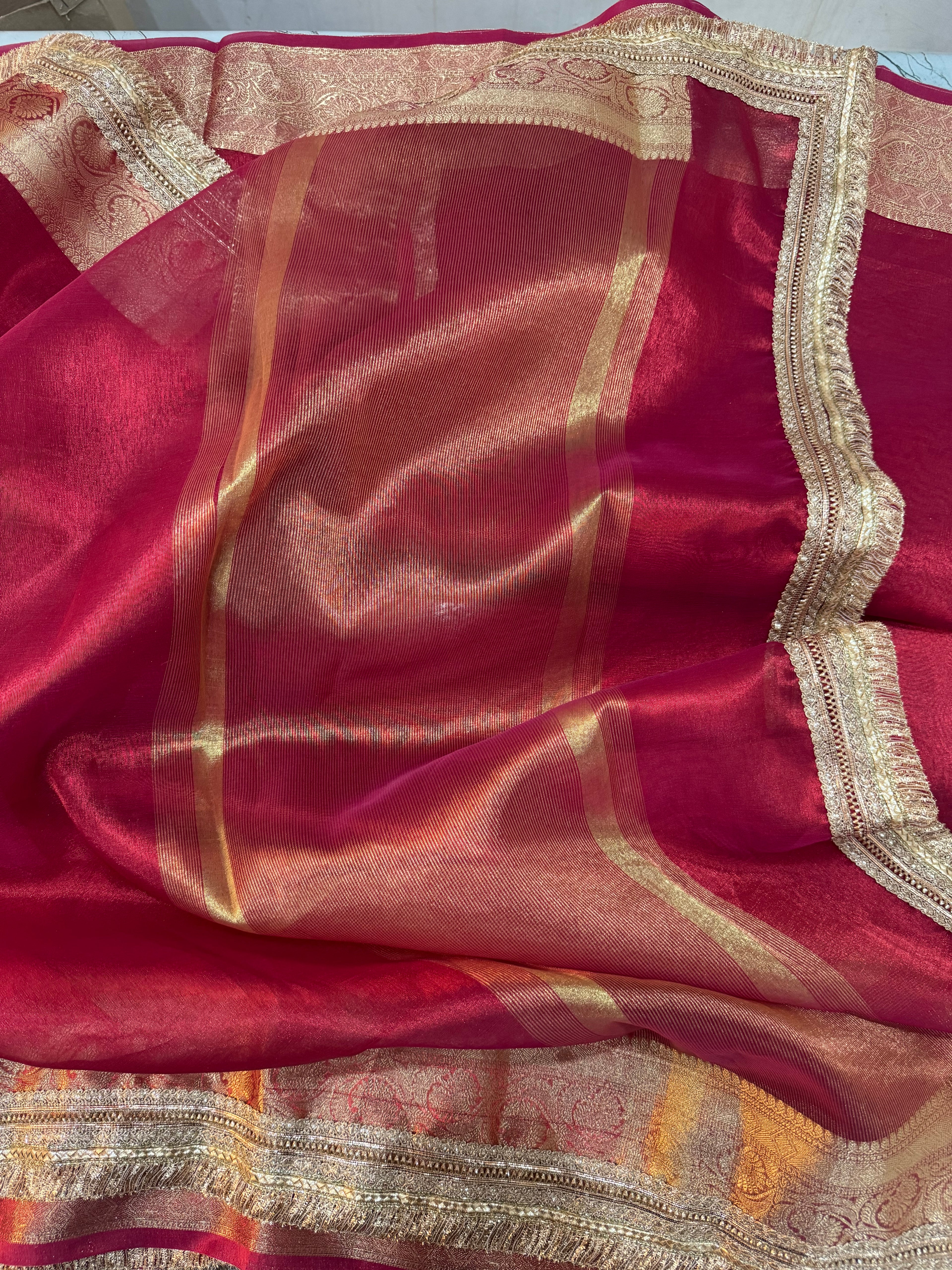 PREMIUM PINK AND RED SOFT TISSUE SILK SAREE WITH LACE ATTACHED