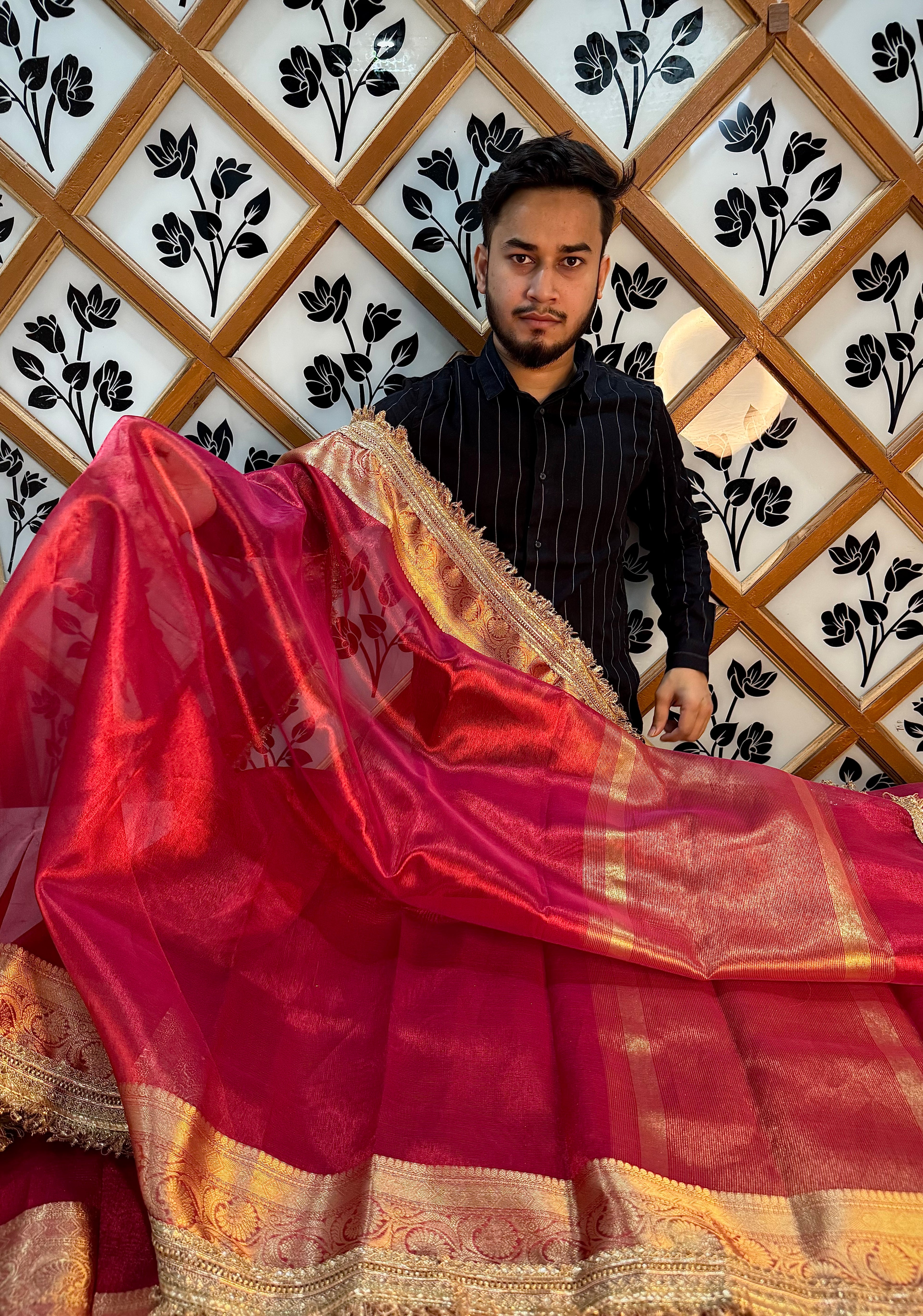 PREMIUM PINK AND RED SOFT TISSUE SILK SAREE WITH LACE ATTACHED