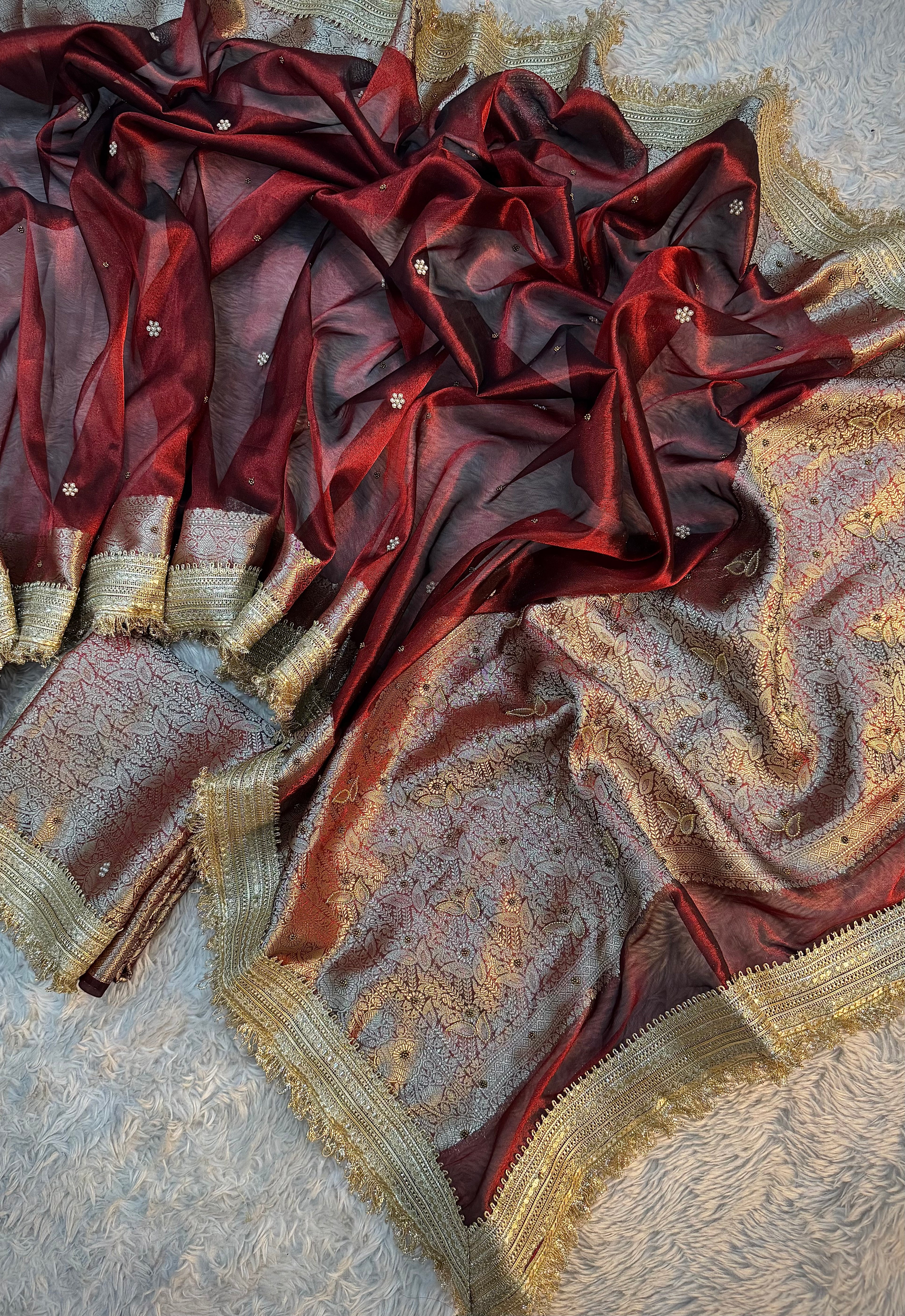 LUXURIOUS MAROON SHADE SOFT TISSUE SILK WITH PREMIUM HAND EMBROIDERY AND LACE WORK