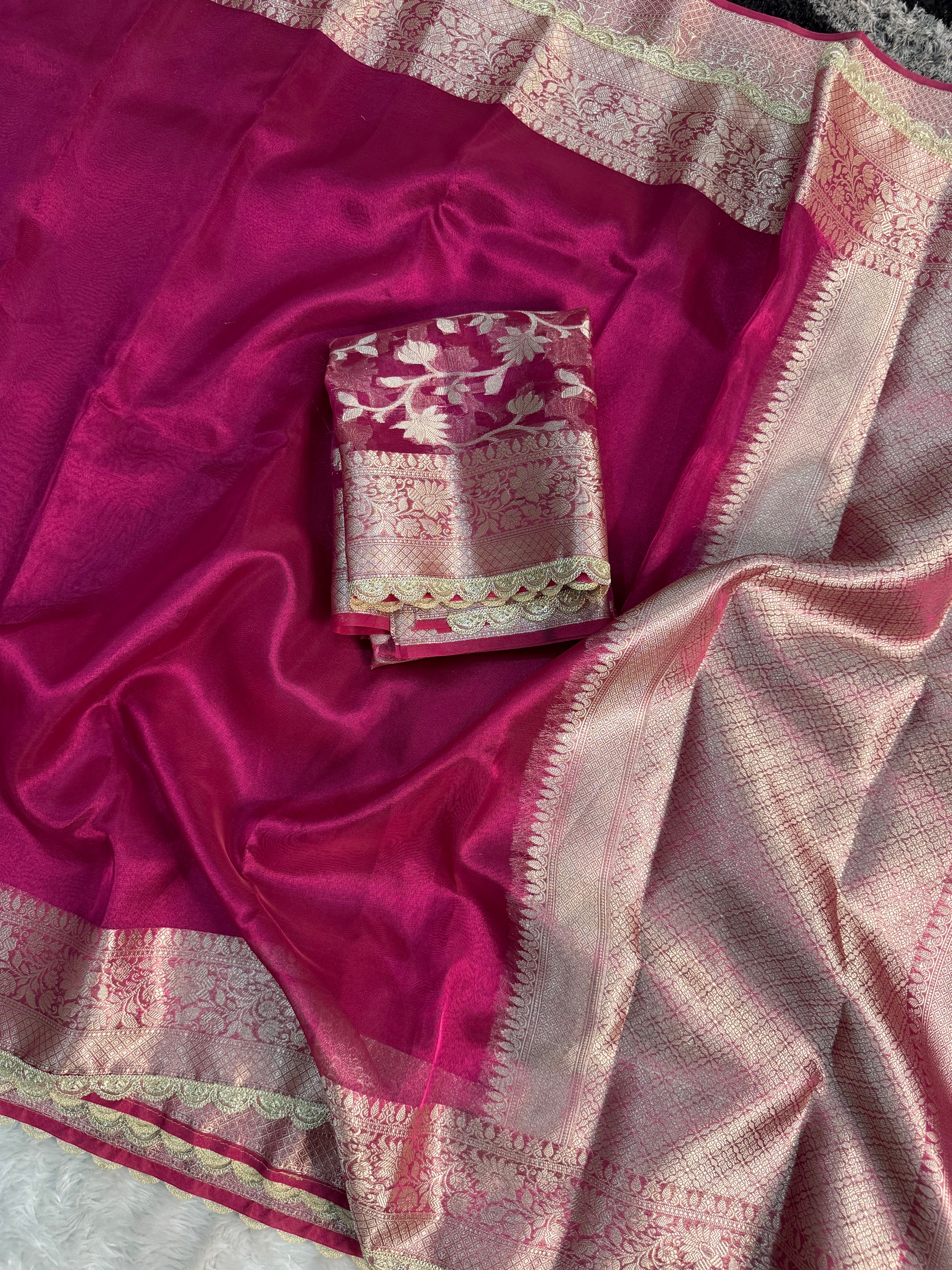 RANI PINK SHADE SOFT TISSUE SILK SAREE WITH LACE ATTACHED