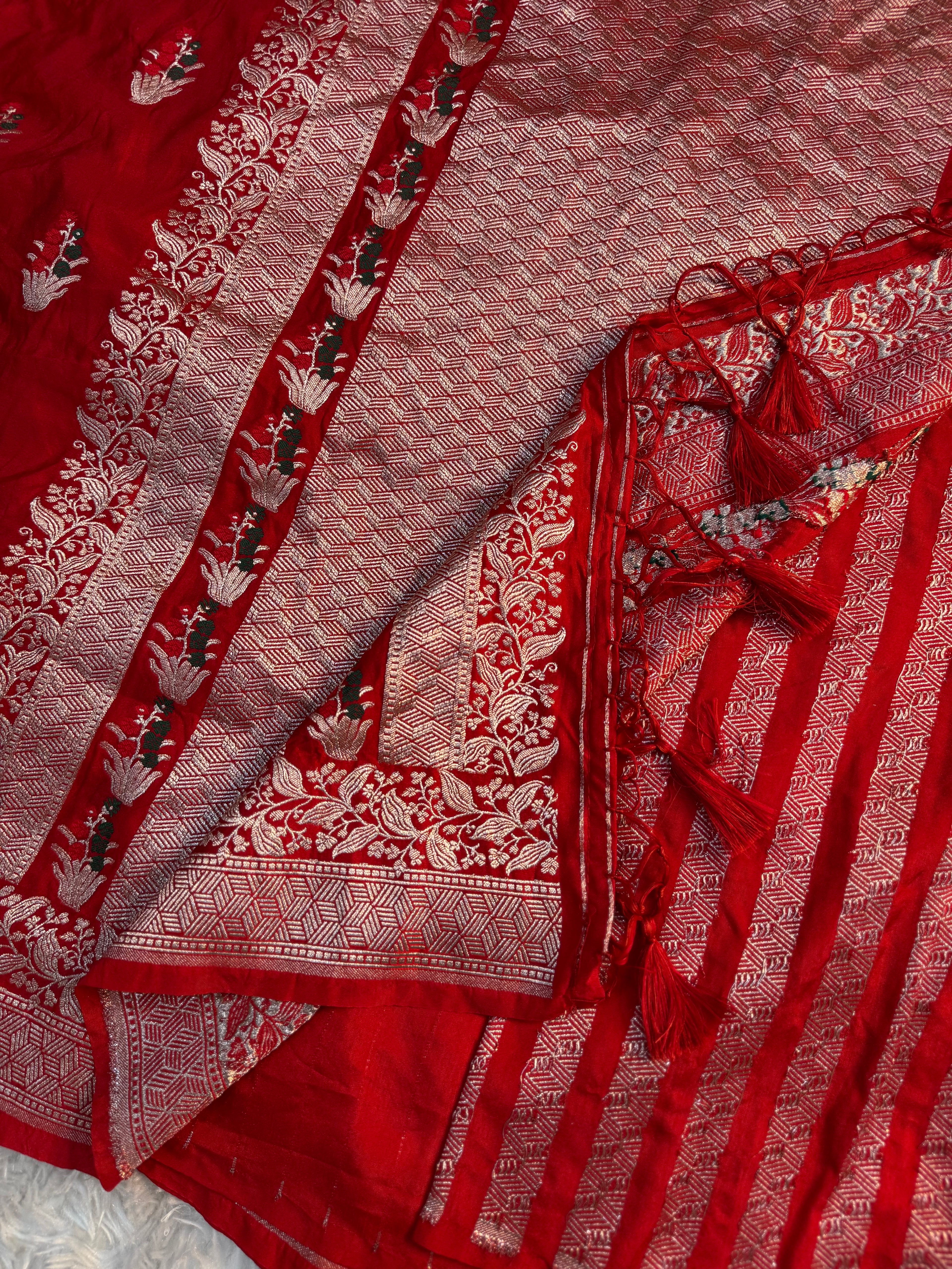 PREMIUM BRIDAL RED SHADE SATIN MASHRU KATAN SILK SAREE