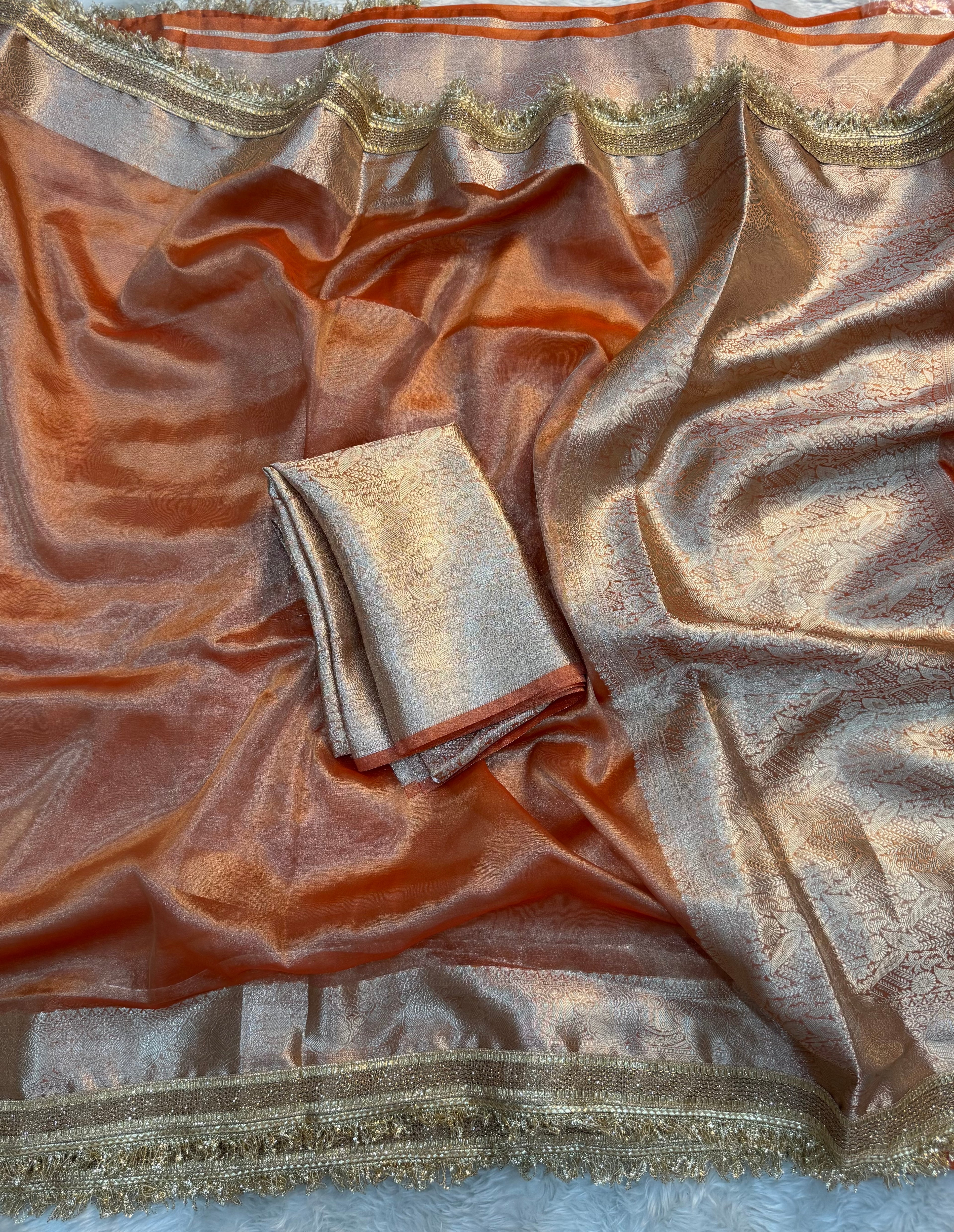 PREMIUM FANTA ORANGE SHADE SOFT TISSUE SILK SAREE WITH LACE ATTACHED