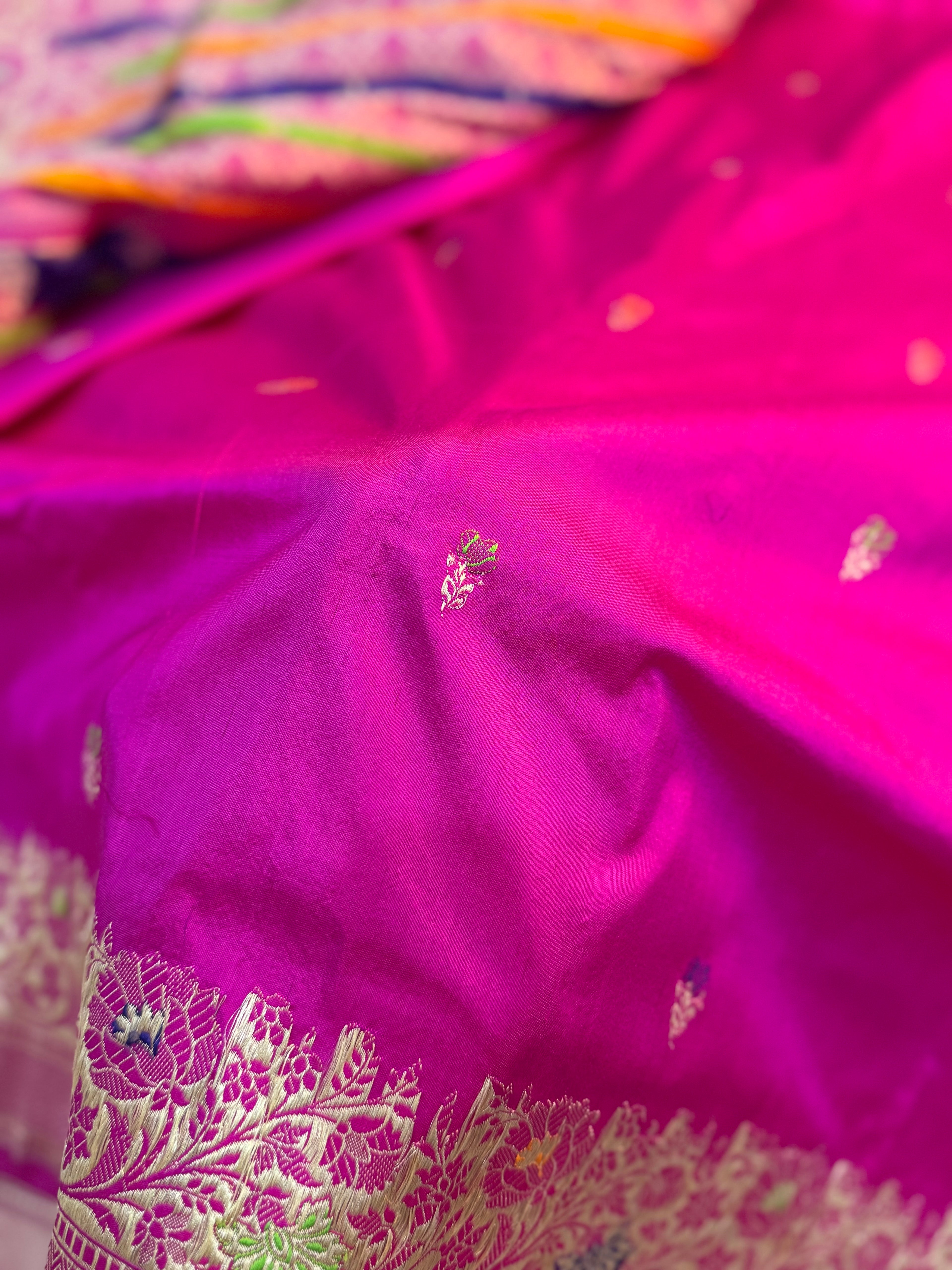 PURE RANI SHADE KATAN SILK KADHUWA BOOTI MEENAKARI SAREE