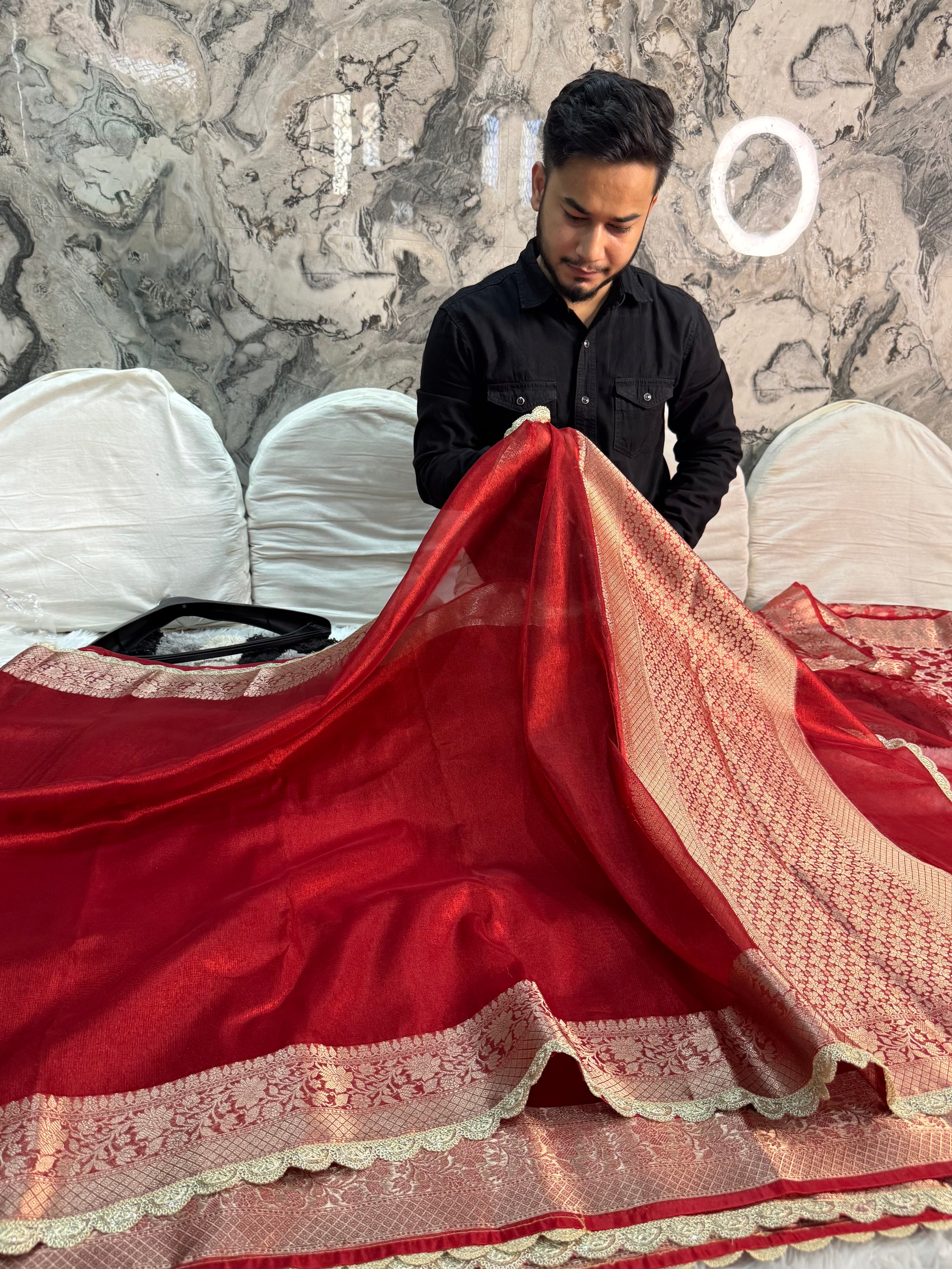 PREMIUM RED SHADE SOFT TISSUE SILK SAREE WITH LACE ATTACHED