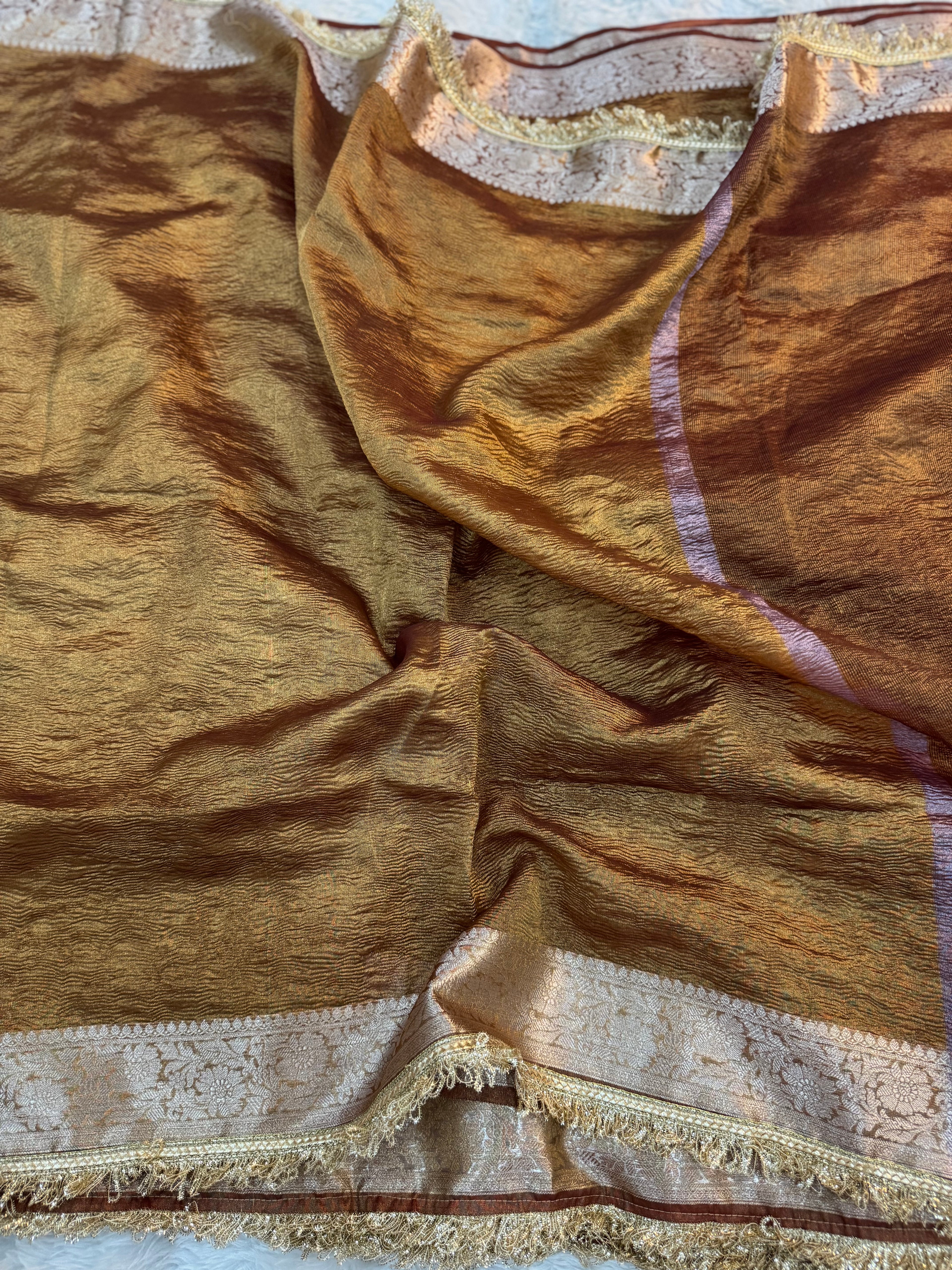 PREMIUM CHOCOLATEY SHADE SOFT CRUSH TISSUE SILK SAREE WITH LACE ATTACHED