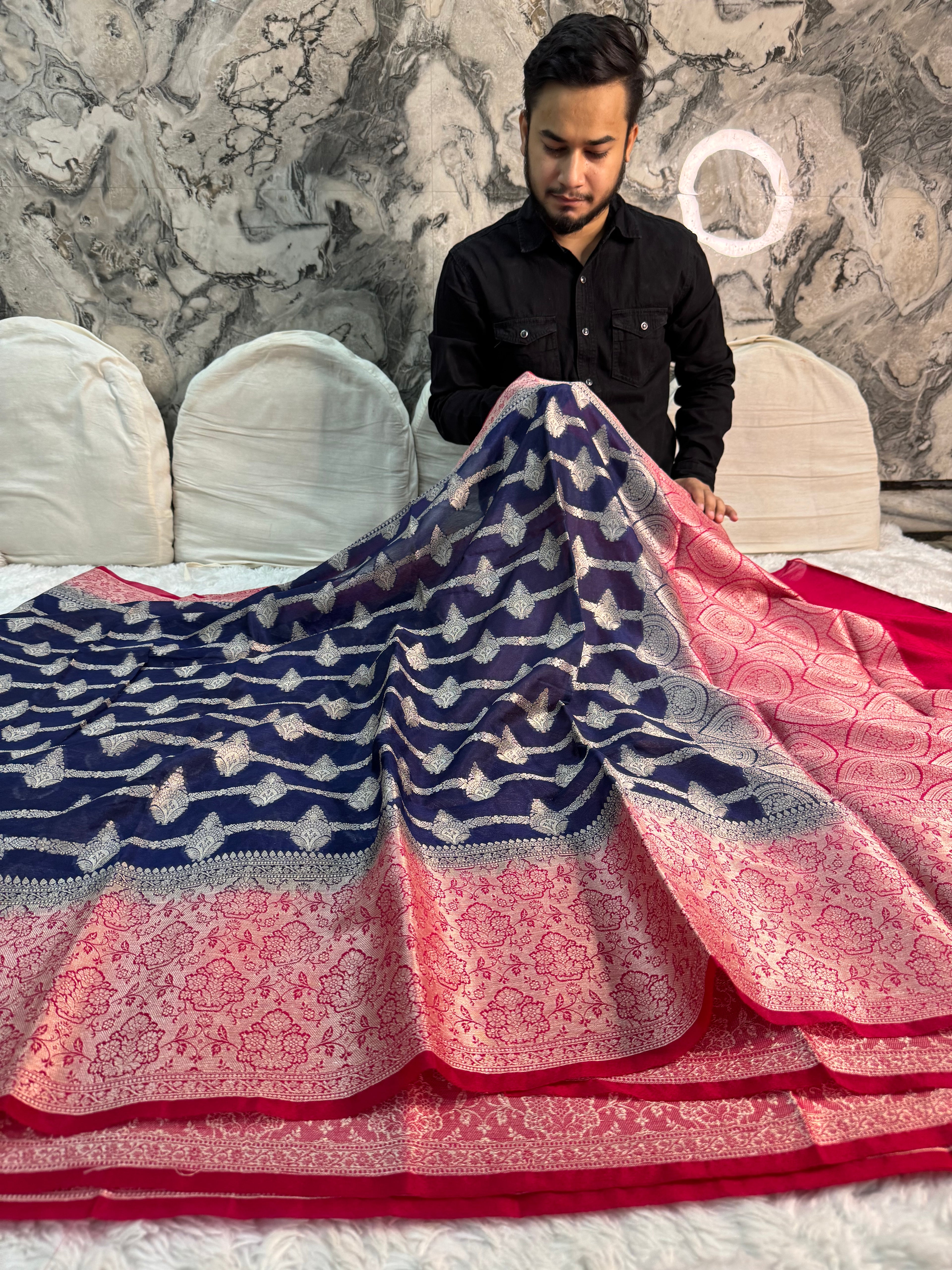 NEVY BLUE AND RED SHADE GEORGETTE BANARASI SAREE