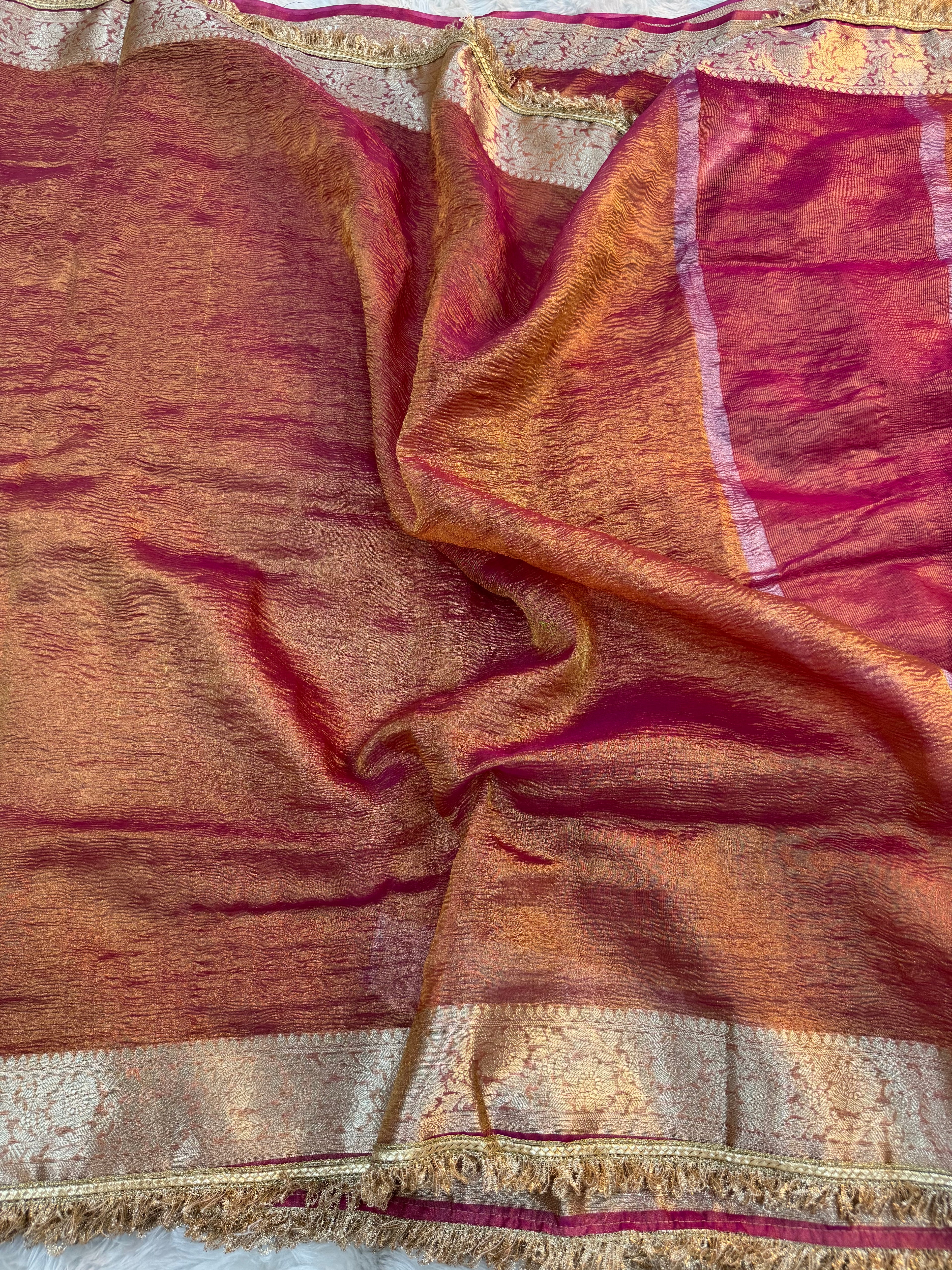 PREMIUM PINK SHADE SOFT CRUSH TISSUE SILK SAREE WITH LACE ATTACHED