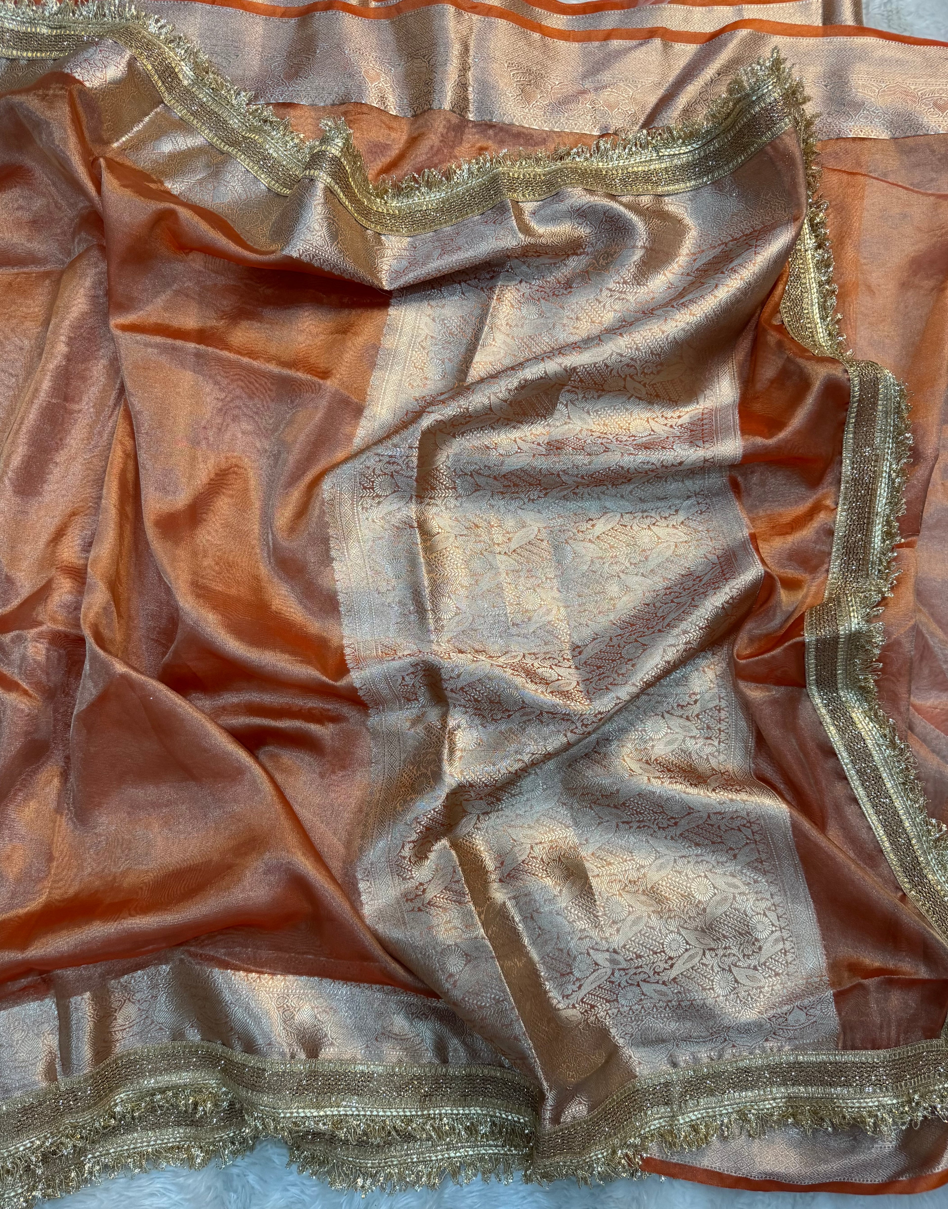 PREMIUM FANTA ORANGE SHADE SOFT TISSUE SILK SAREE WITH LACE ATTACHED