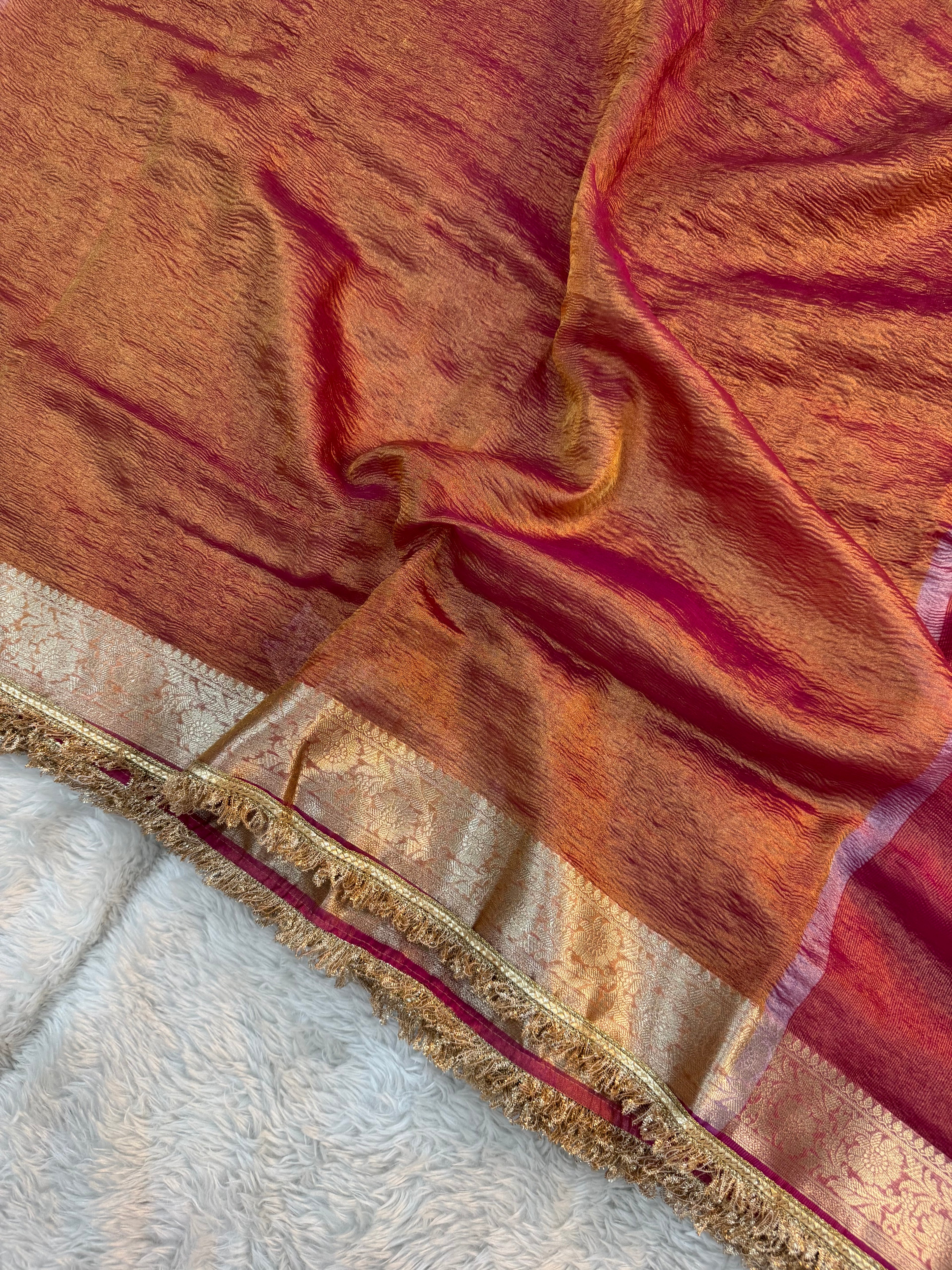 PREMIUM PINK SHADE SOFT CRUSH TISSUE SILK SAREE WITH LACE ATTACHED