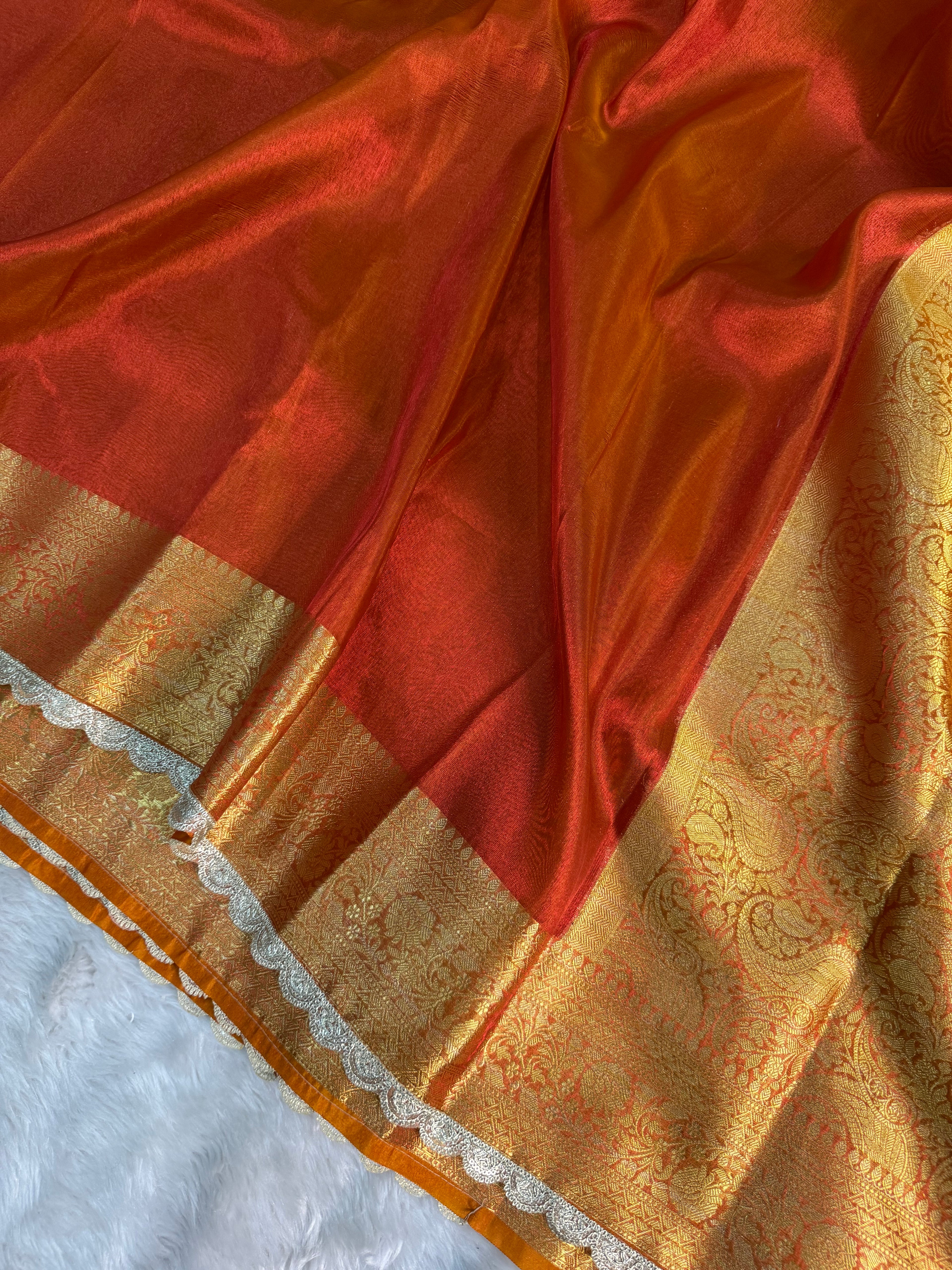 PREMIUM REDISH ORANGE SHADE SOFT TISSUE SILK SAREE WITH LACE ATTACHED