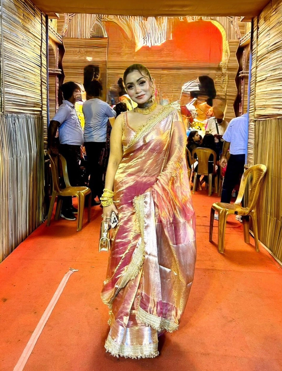 LUXURIOUS PINK SHADE SOFT PURE TISSUE SILK SAREE WITH BEAUTIFUL LACE ATTACHED