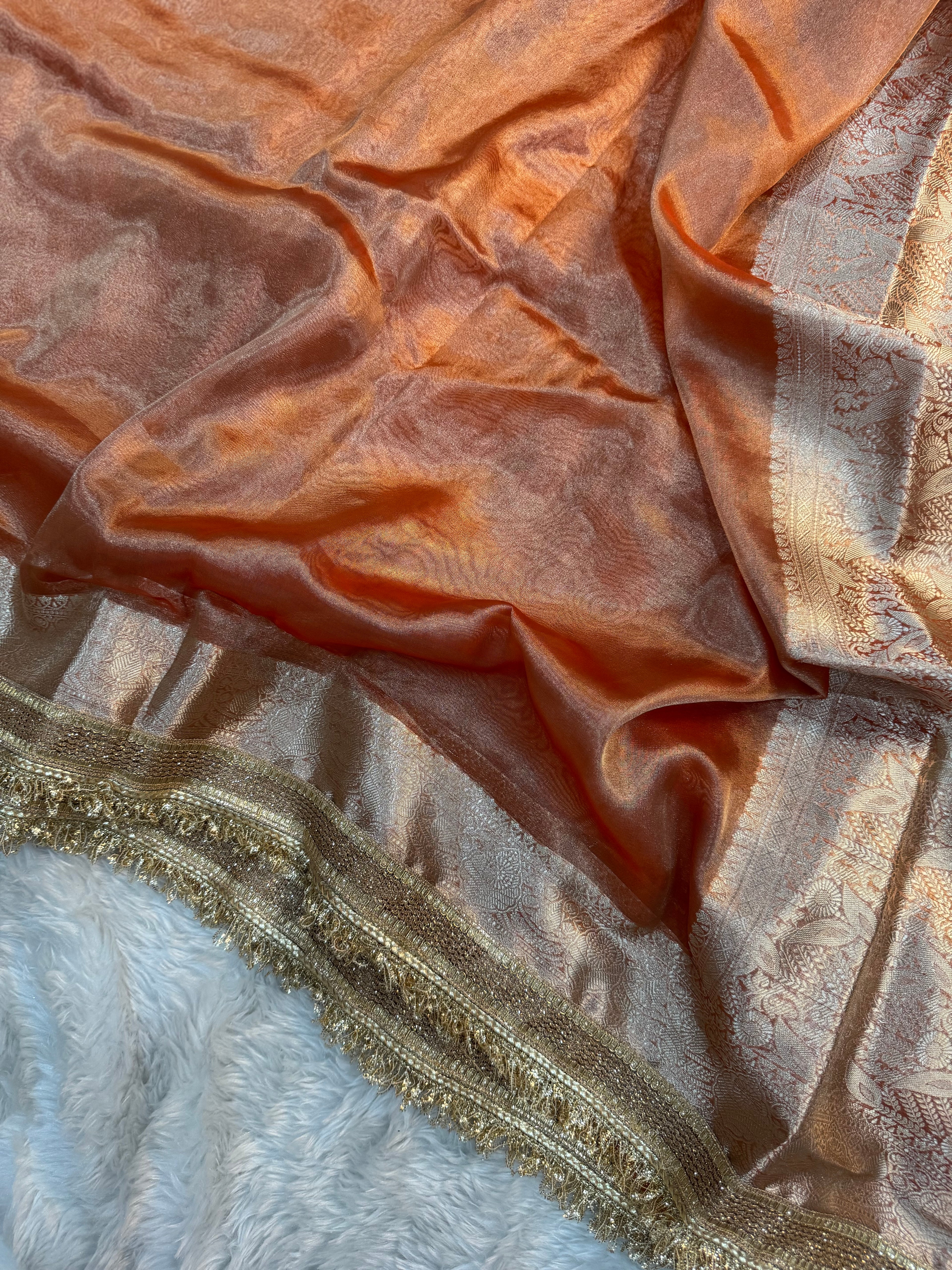 PREMIUM FANTA ORANGE SHADE SOFT TISSUE SILK SAREE WITH LACE ATTACHED