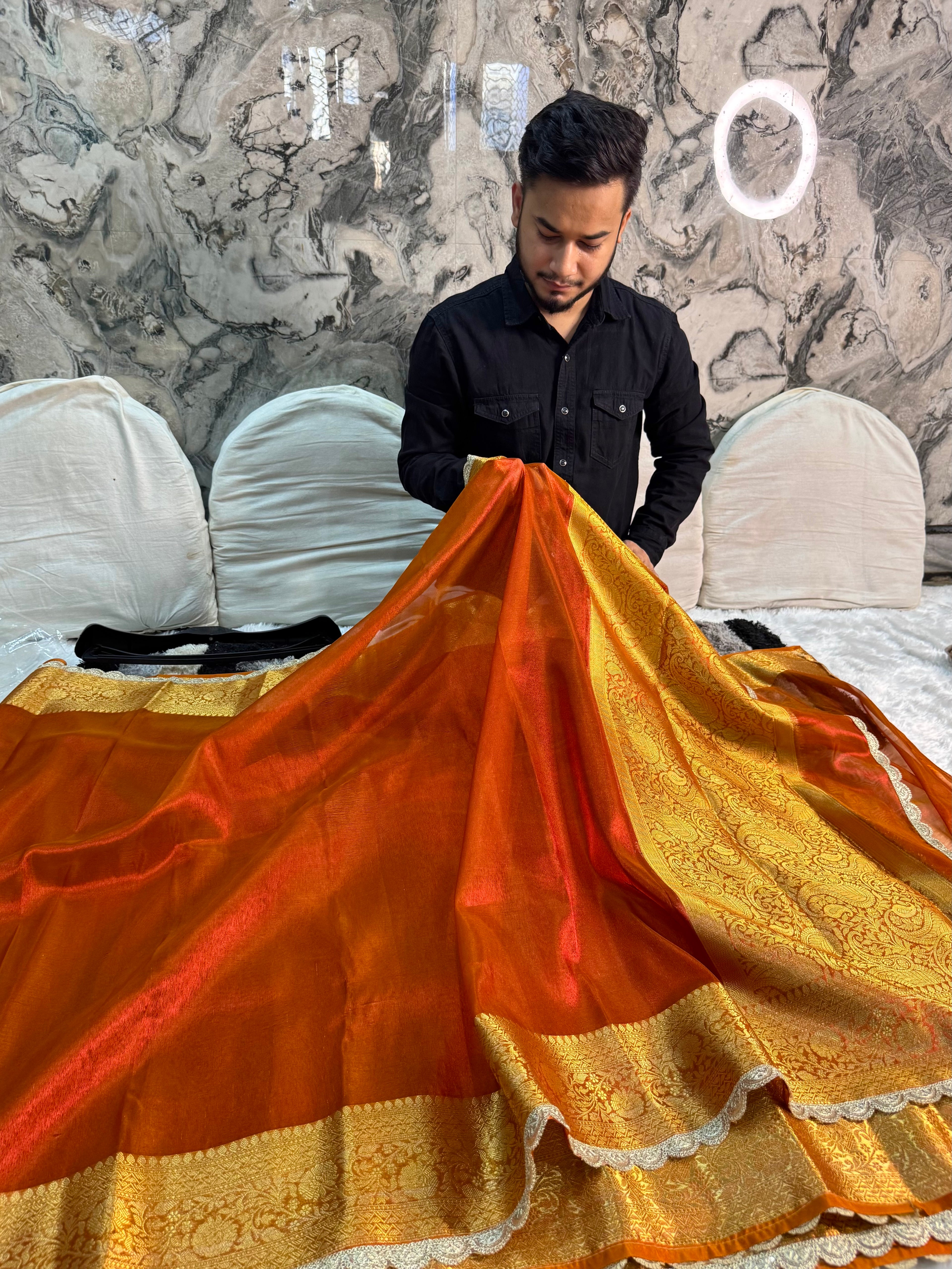 PREMIUM REDISH ORANGE SHADE SOFT TISSUE SILK SAREE WITH LACE ATTACHED