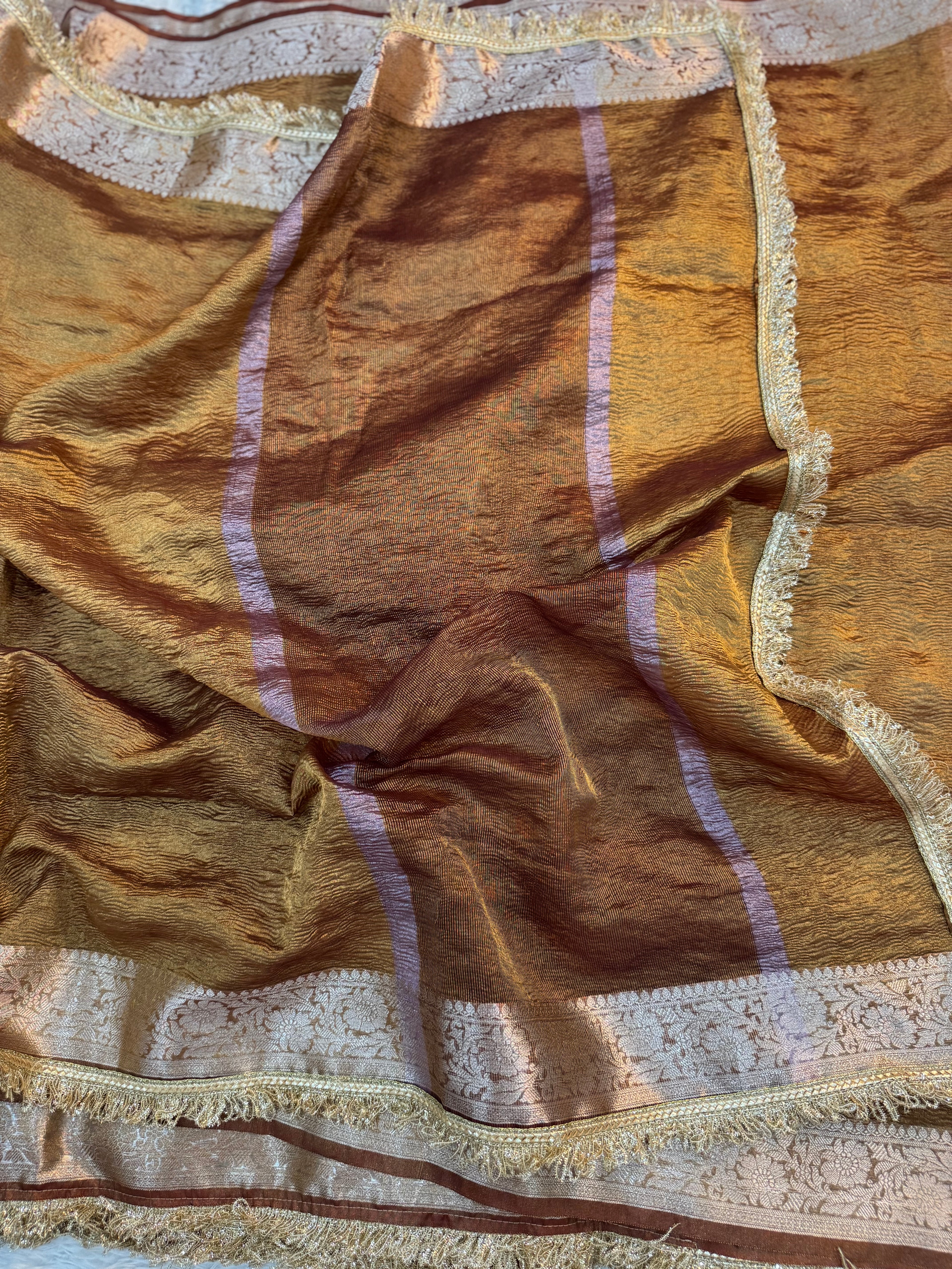 PREMIUM CHOCOLATEY SHADE SOFT CRUSH TISSUE SILK SAREE WITH LACE ATTACHED