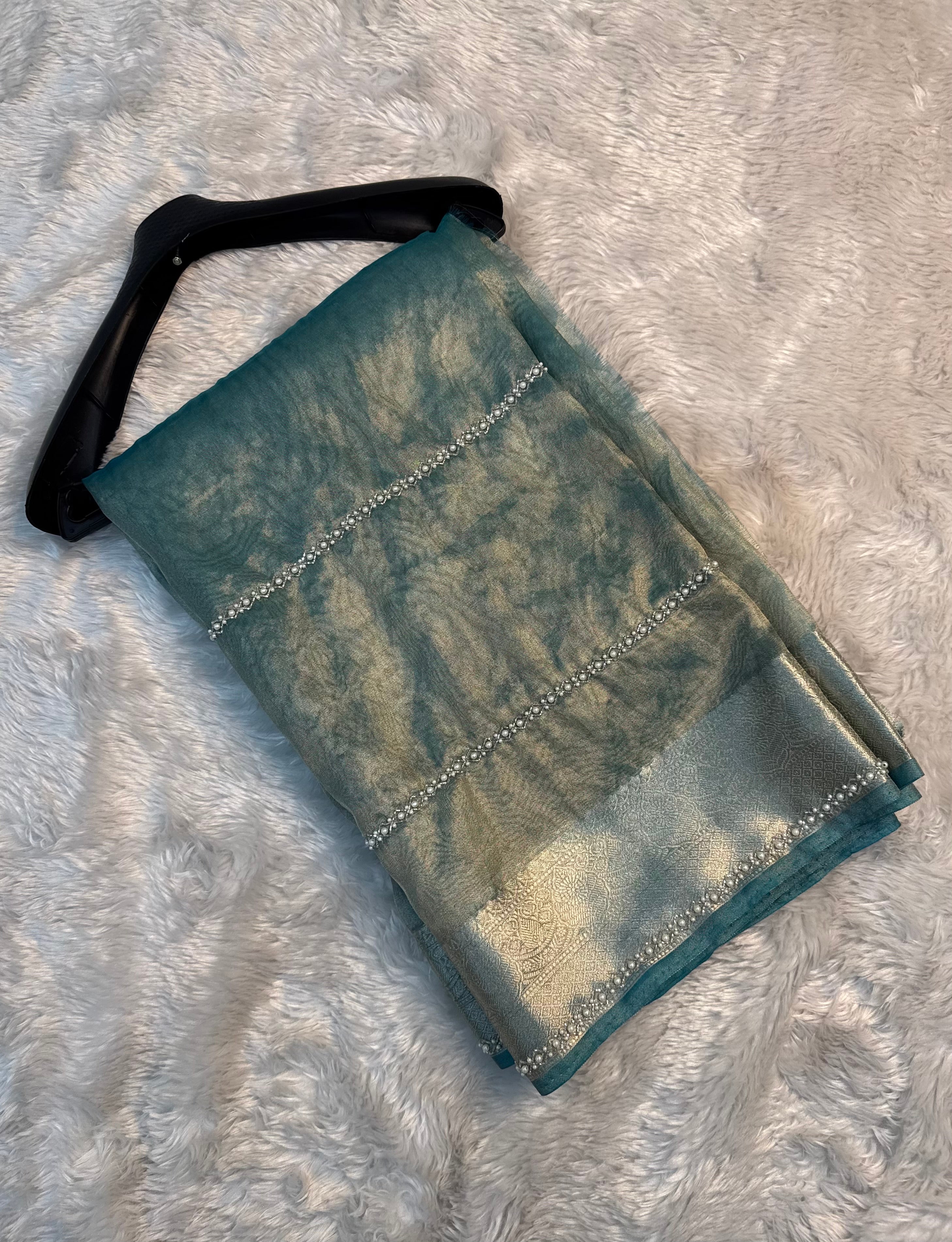 LUXURIOUS AQUA BLUE SHADE SOFT TISSUE SILK WITH PREMIUM ZARDOZI AND LACE WORK