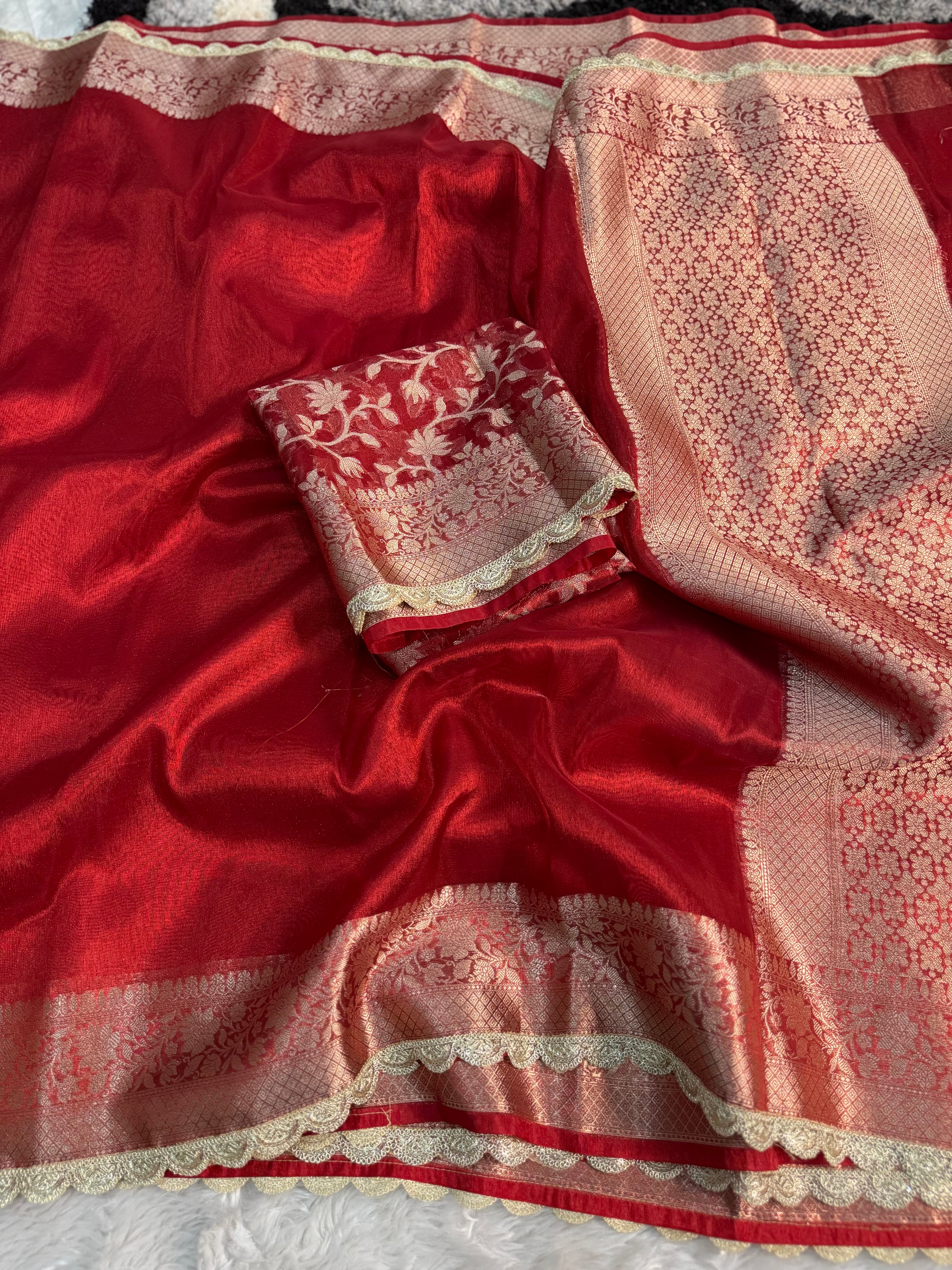 PREMIUM RED SHADE SOFT TISSUE SILK SAREE WITH LACE ATTACHED