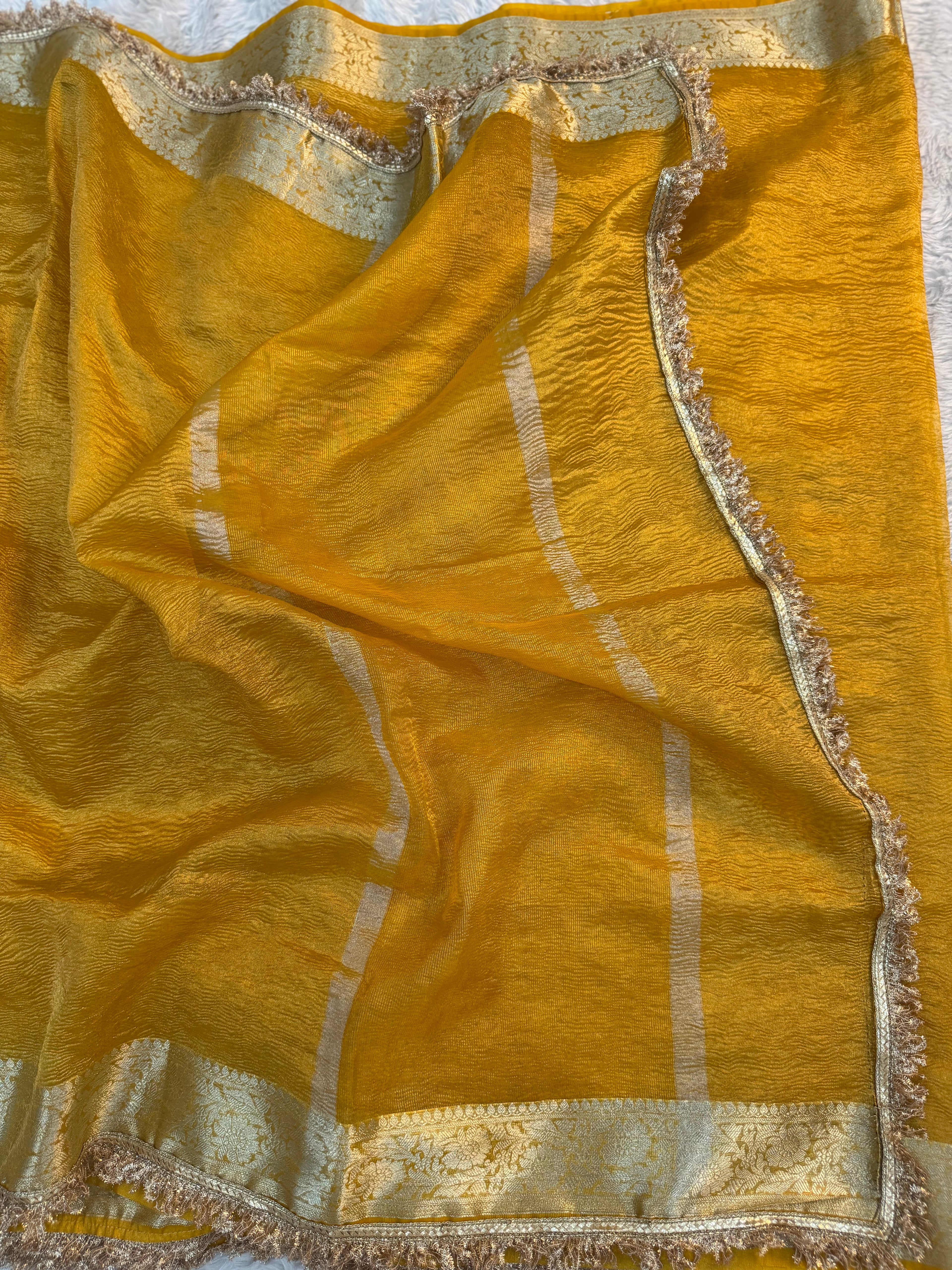 PREMIUM YELLOW SHADE SOFT CRUSH TISSUE SILK SAREE WITH LACE ATTACHED
