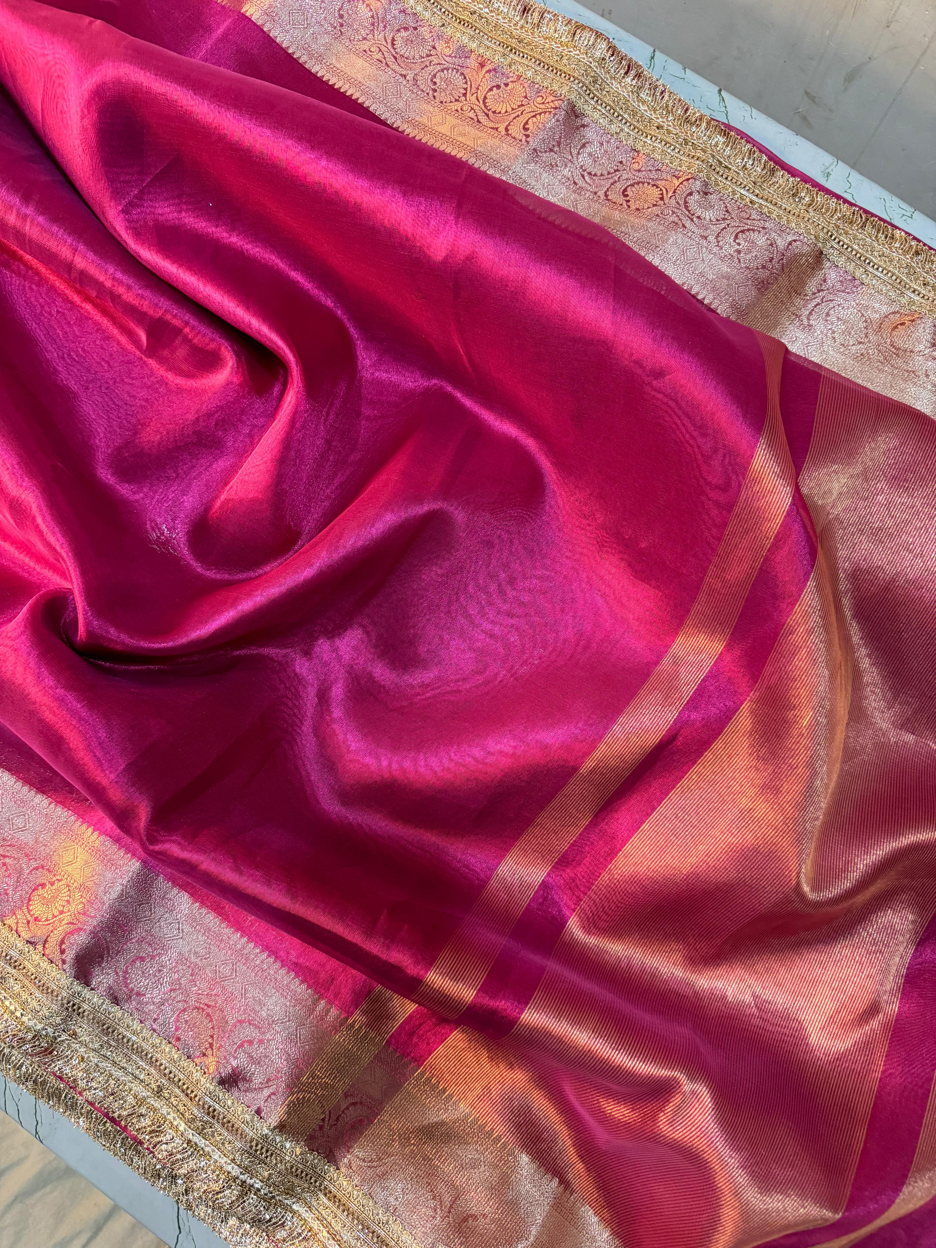 RASPBERRY PINK SHADE SOFT TISSUE SILK SAREE WIRH LACE ATTACHED