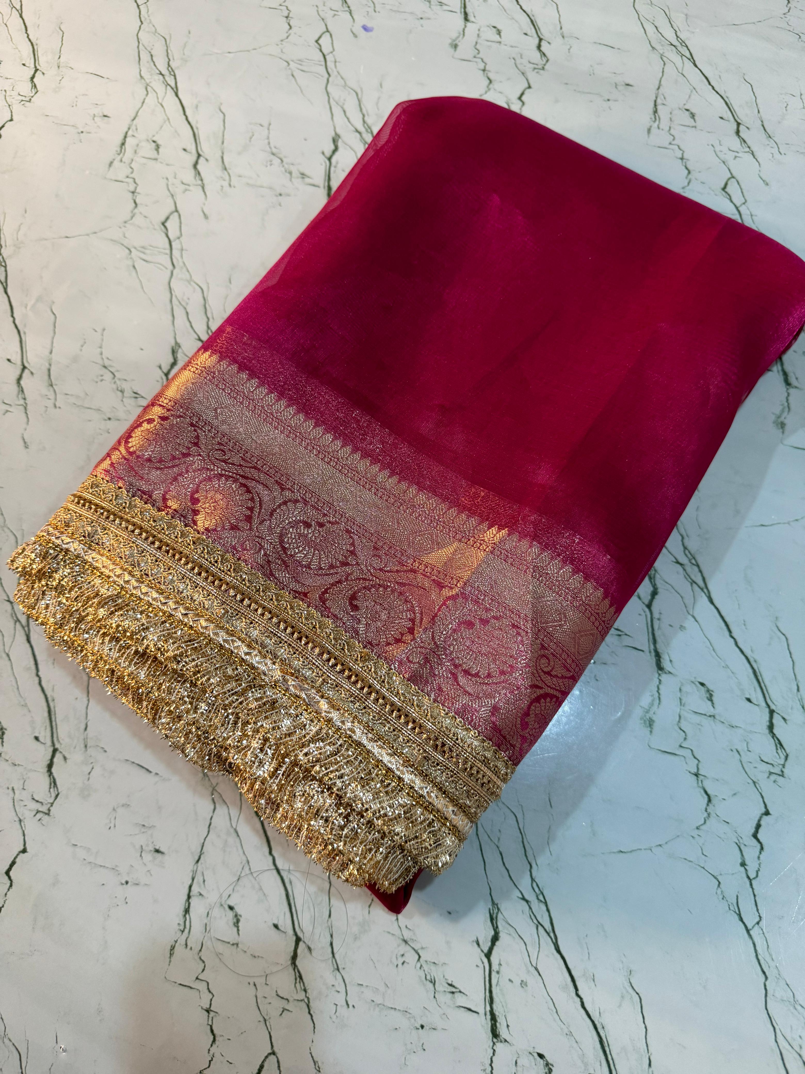 RASPBERRY PINK SHADE SOFT TISSUE SILK SAREE WIRH LACE ATTACHED
