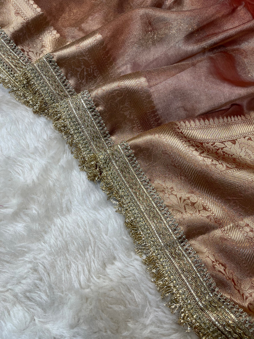 PREMIUM BRONZED GLOW SHADE SOFT TISSUE SILK SAREE WITH LACE ATTACHED