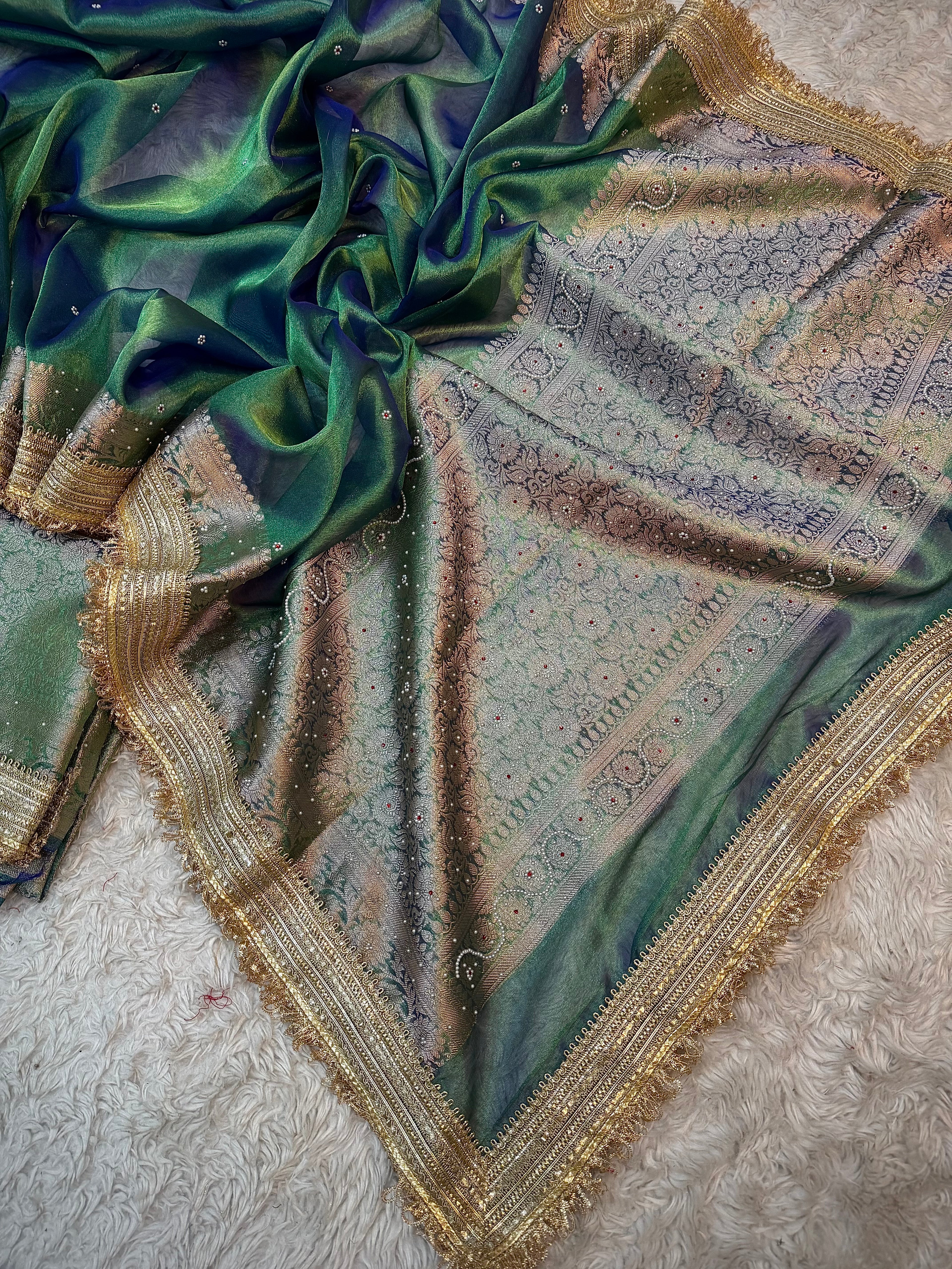 EXCLUSIVE PEACOCK GREEN SHADE SOFT TISSUE SILK SAREE DESIGNER HAND STONE WORK WITH LACE ATTACHED