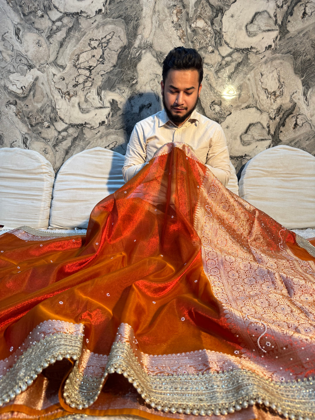 EXCLUSIVE RUST SHADE SOFT TISSUE SILK SAREE DESIGNER HAND STONE WORK WITH LACE ATTACHED