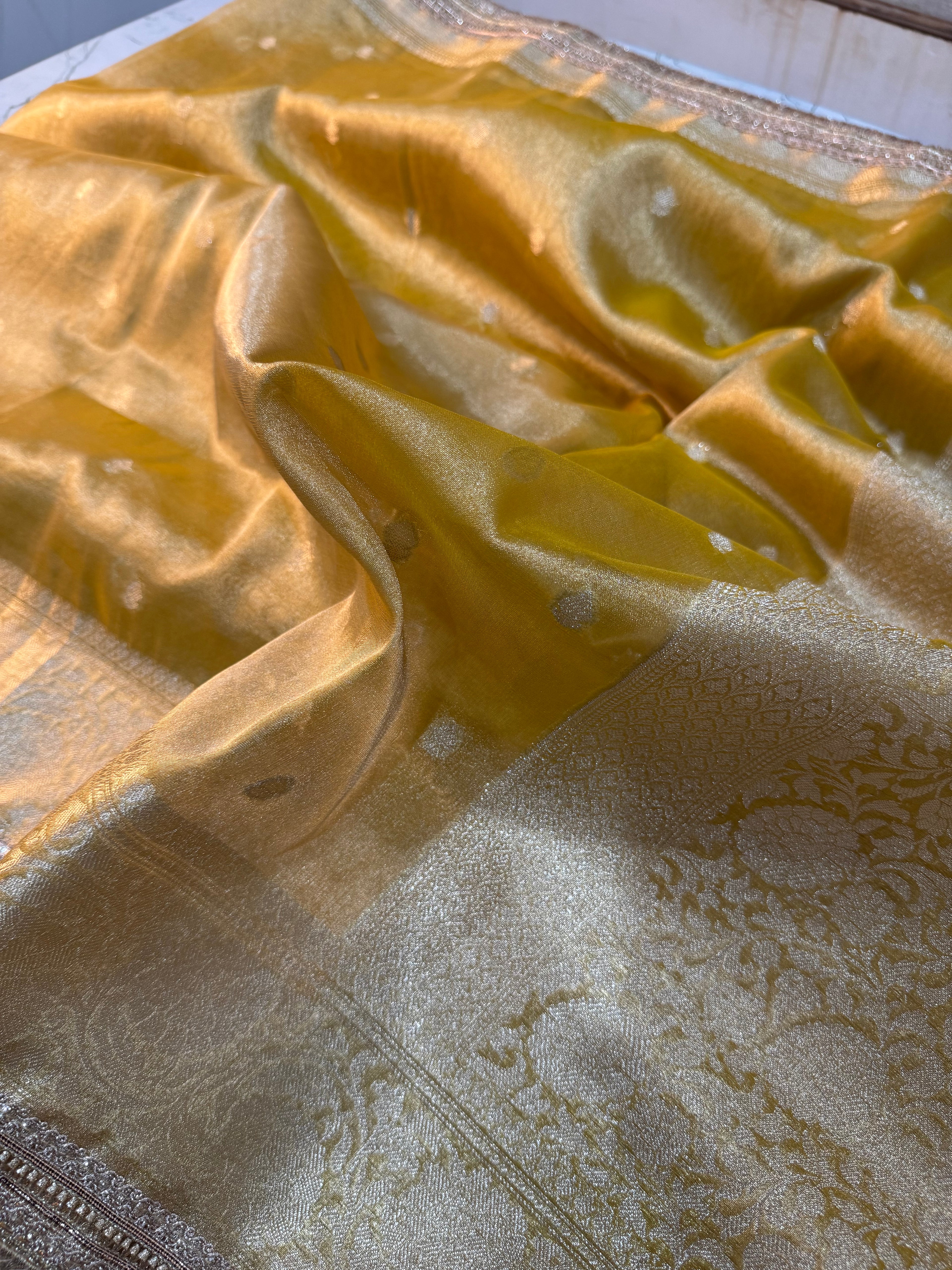 LUXURIOUS YELLOW SHADE DESIGNER TISSUE SILK BOOTI SAREE