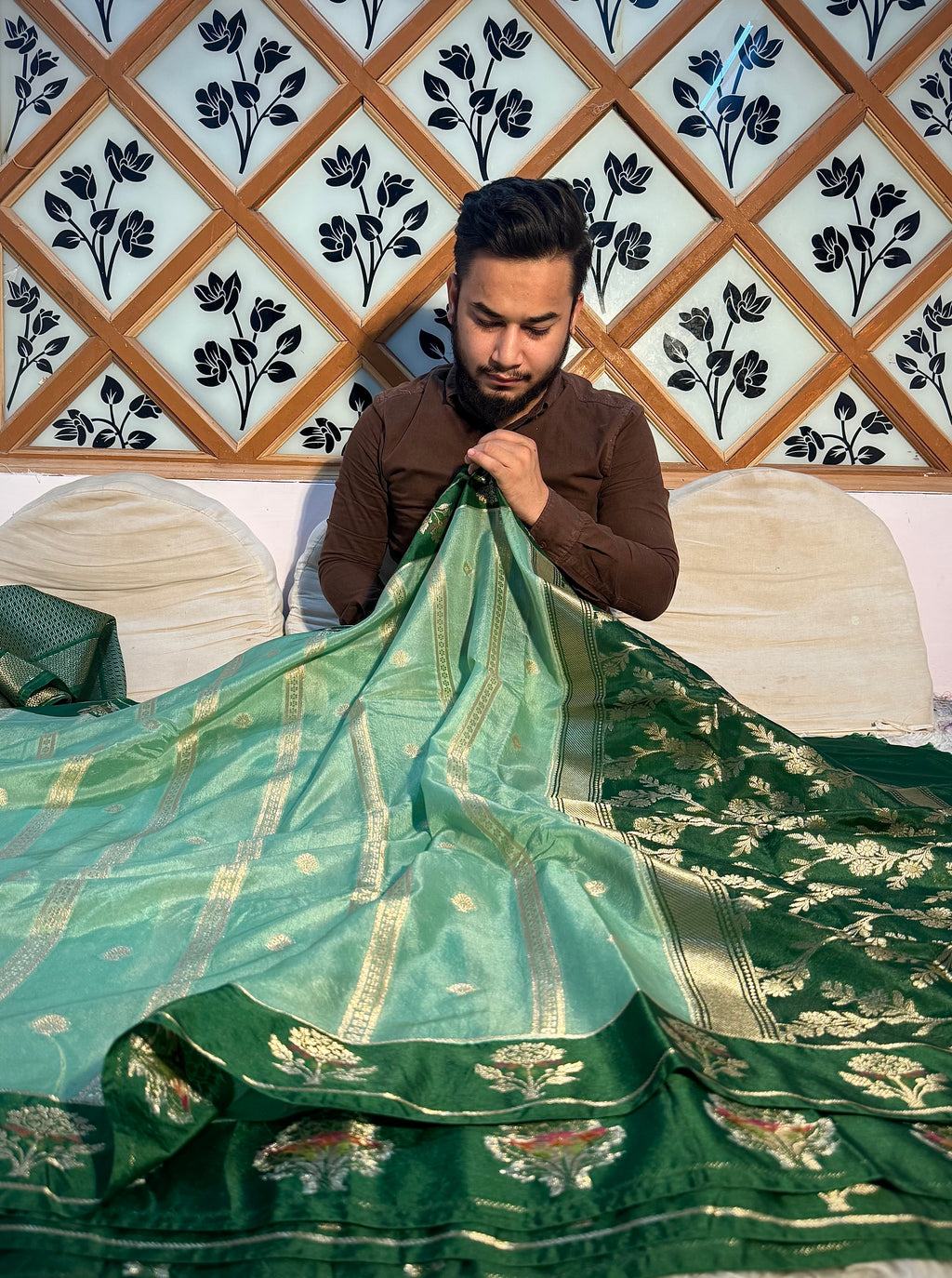 PREMIUM SEA GREEN WITH BOTTLE GREEN SHADE BANARASI VISCOSE SILK WITH SATIN BORDER