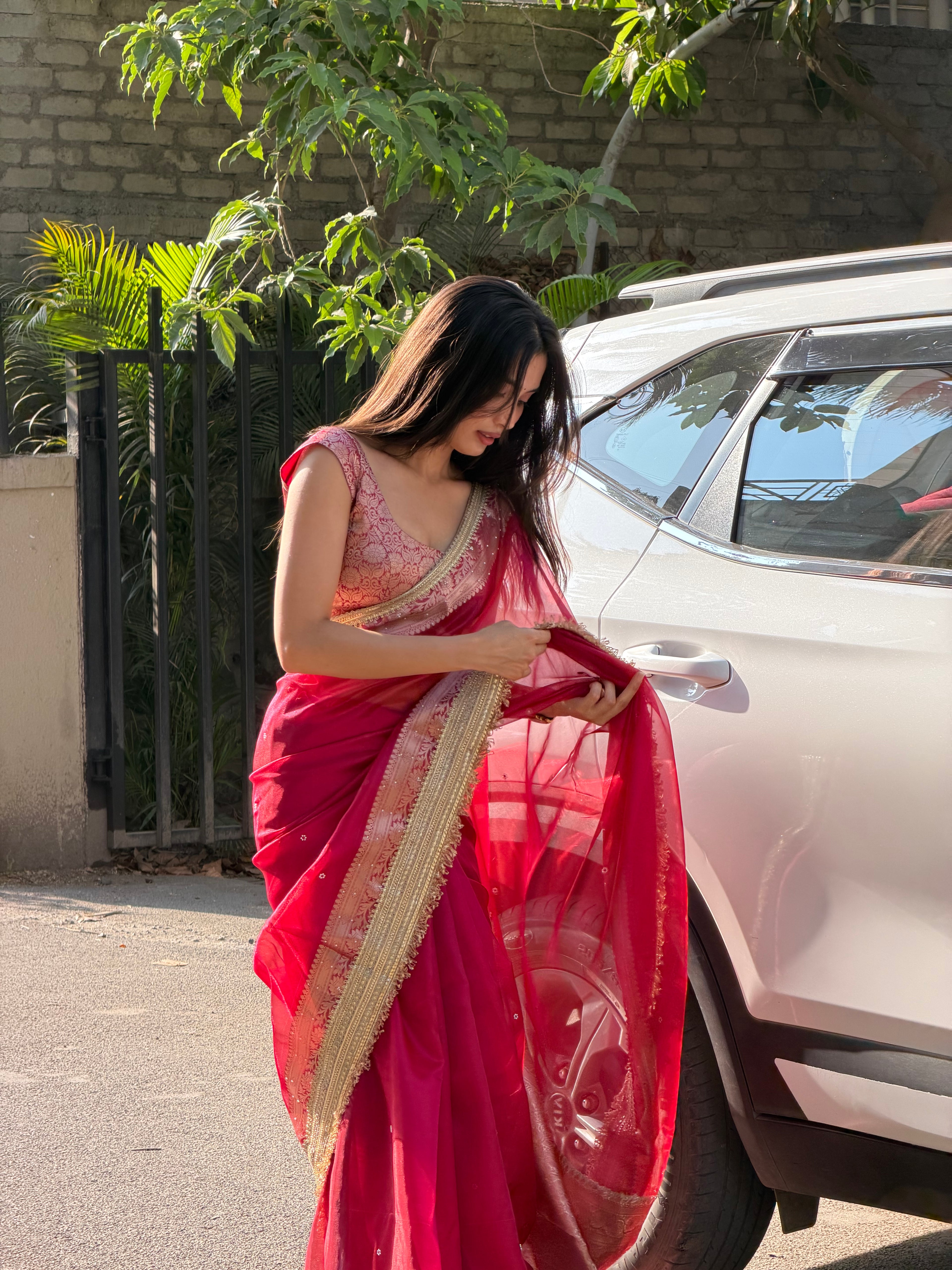 EXCLUSIVE HOT RANI SHADE SOFT TISSUE SILK SAREE DESIGNER HAND STONE WORK WITH LACE ATTACHED