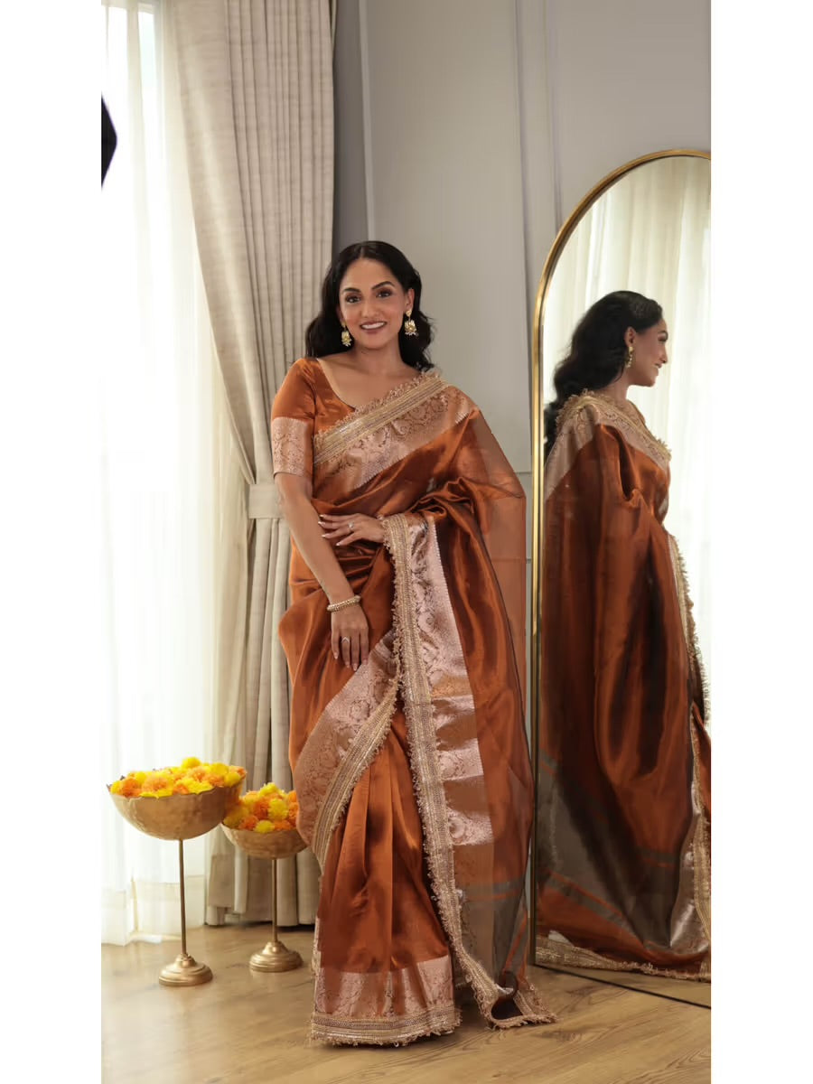 PREMIUM COPPER SHADE SOFT TISSUE SILK SAREE WITH LACE ATTACHED