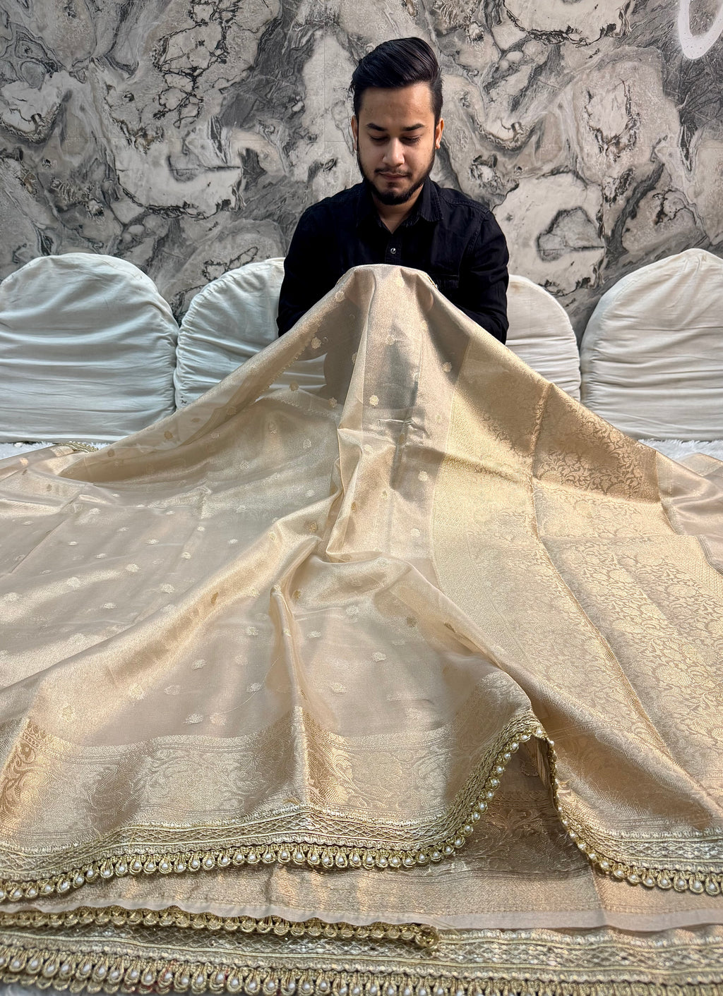 LUXURIOUS CHAMPAGNE GOLD SHADE DESIGNER TISSUE SILK BOOTI SAREE