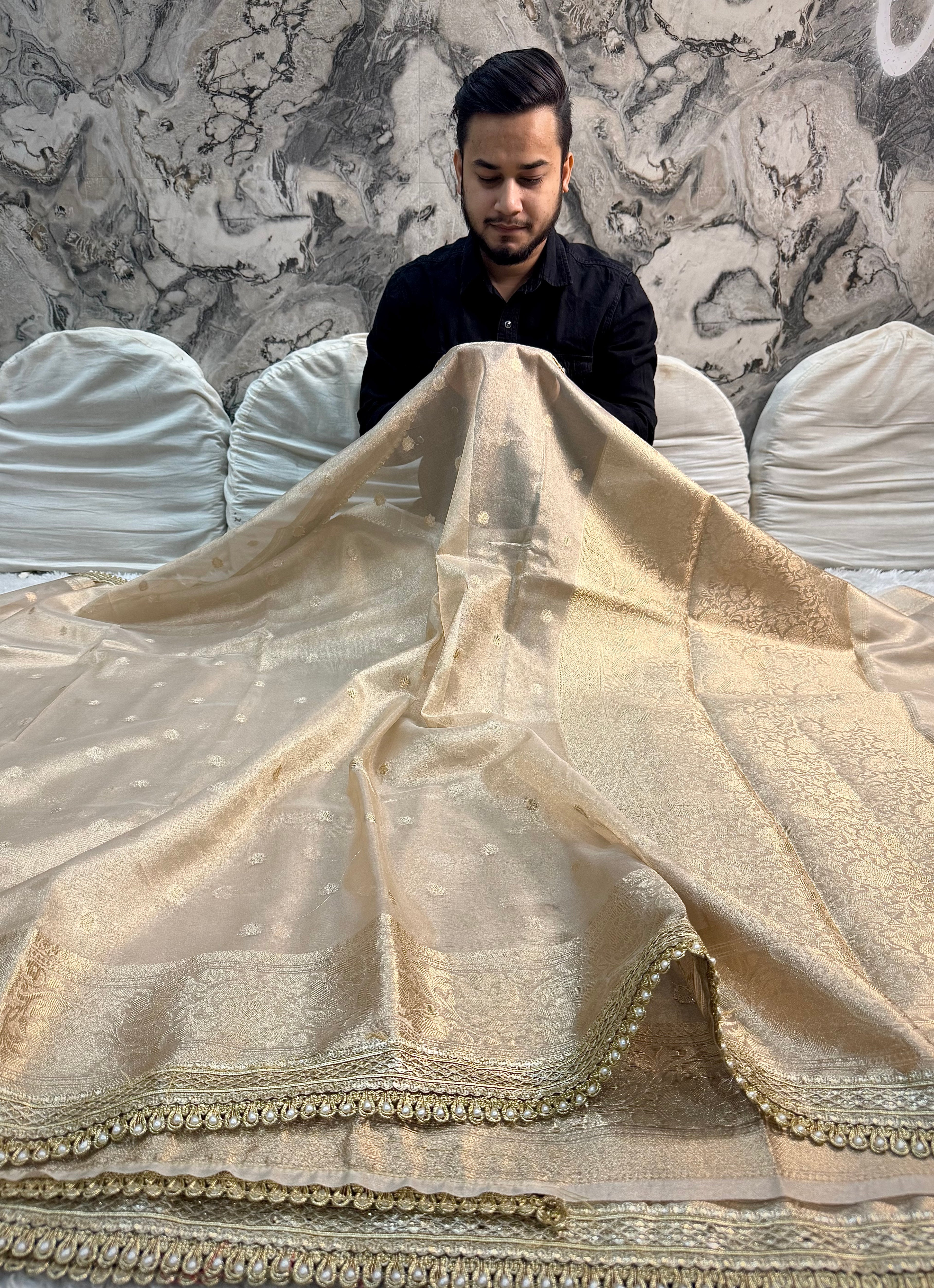 LUXURIOUS CHAMPAGNE GOLD SHADE DESIGNER TISSUE SILK BOOTI SAREE