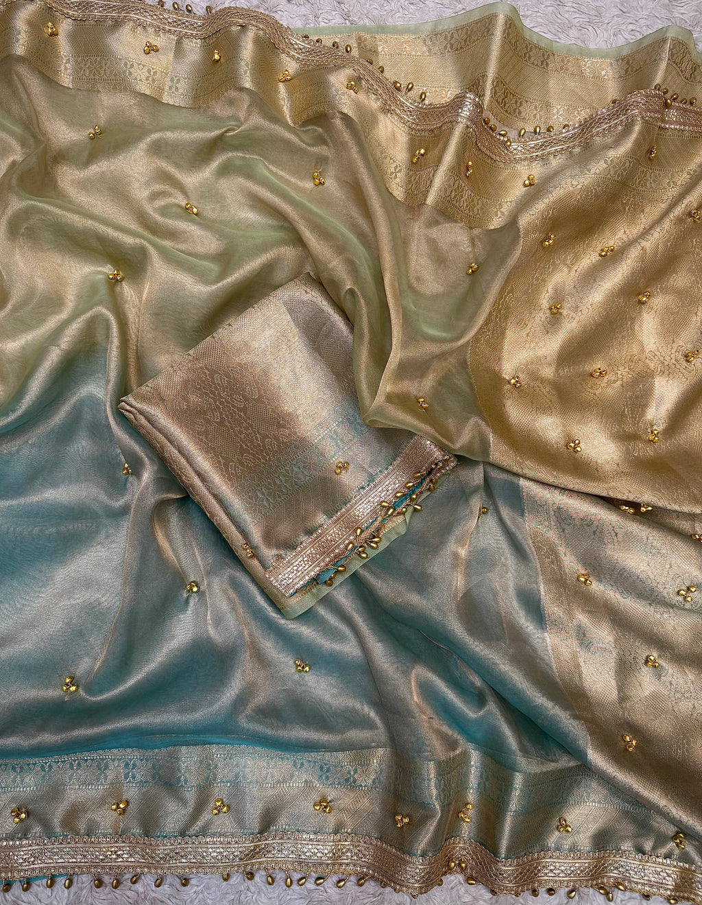 PREMIUM LIGHT PISTA & SKY BLUE SOFT BANARASI TISSUE SILK GHUNGROO WORKS SAREE