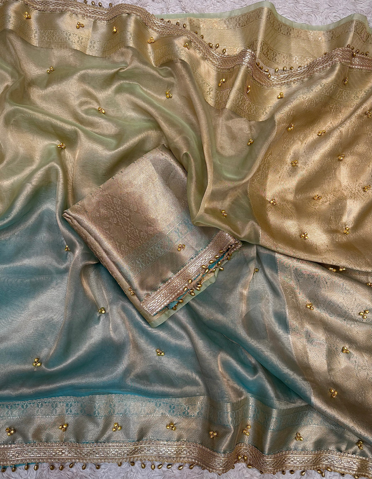 PREMIUM LIGHT PISTA & SKY BLUE SOFT BANARASI TISSUE SILK GHUNGROO WORKS SAREE