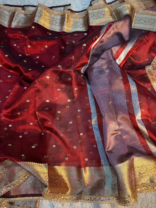 *DHOOP CHHAON* PREMIUM MAROON DESIGNER TISSUE SILK BOOTI SAREE WITH LACE ATTACHED