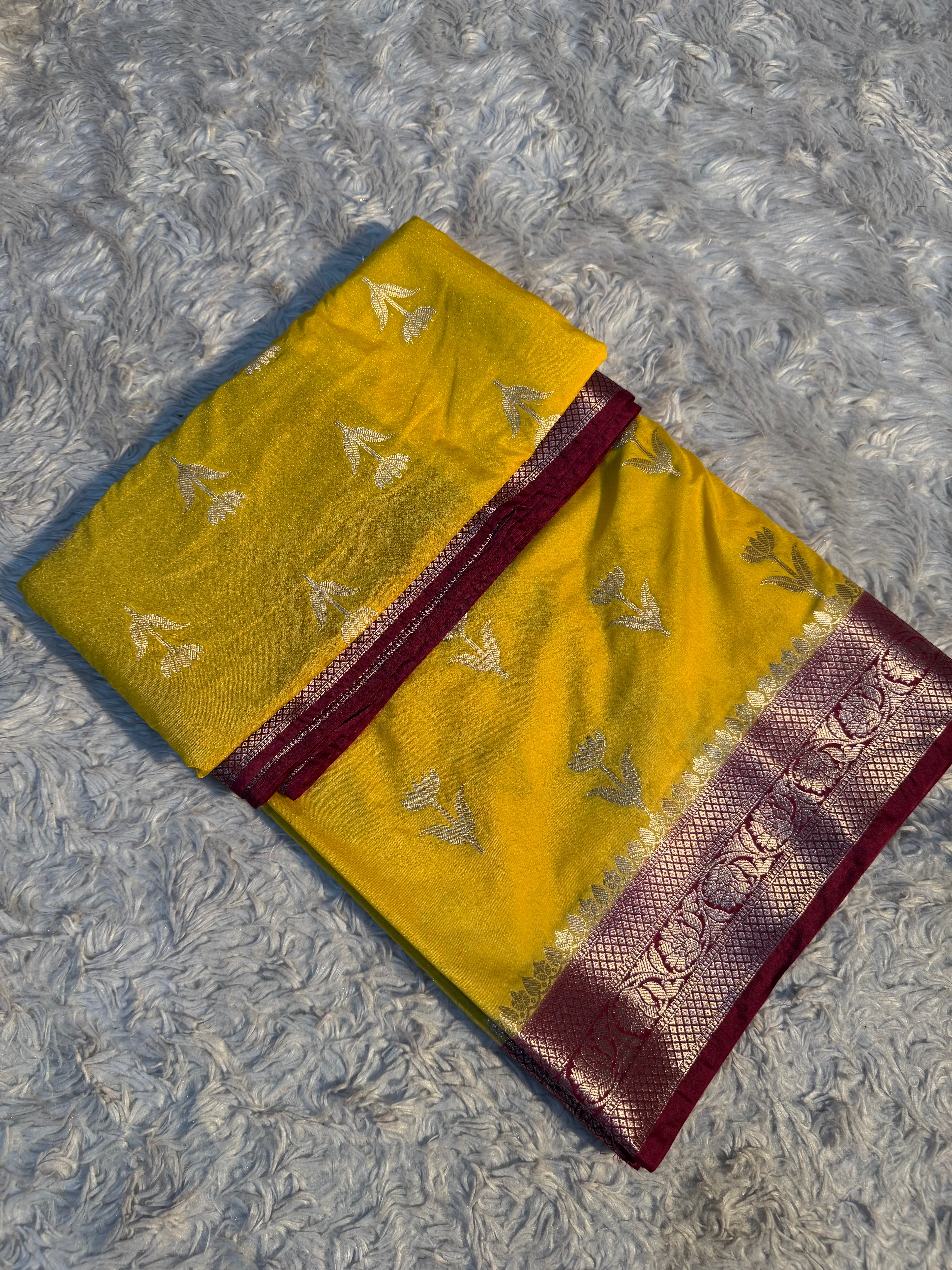 PREMIUM YELLOW AND MAROON SHADE CHINIYA SILK SAREE