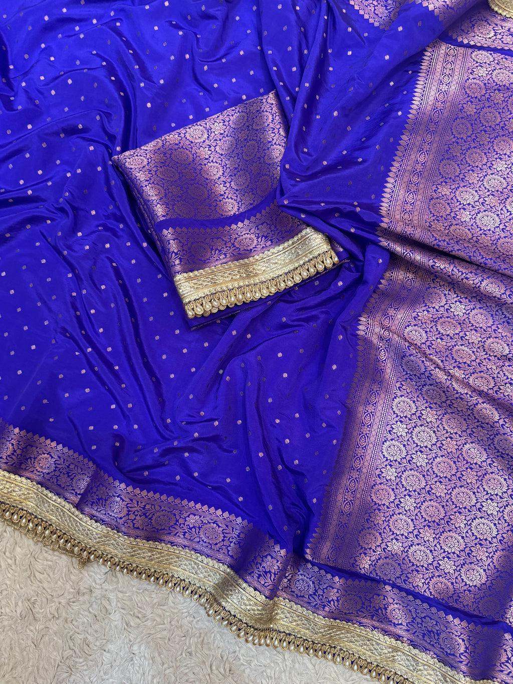 PREMIUM ROYAL BLUE SHADE GEORGETTE KATAN SILK SAREE WITH MOTI LACE ATTACHED