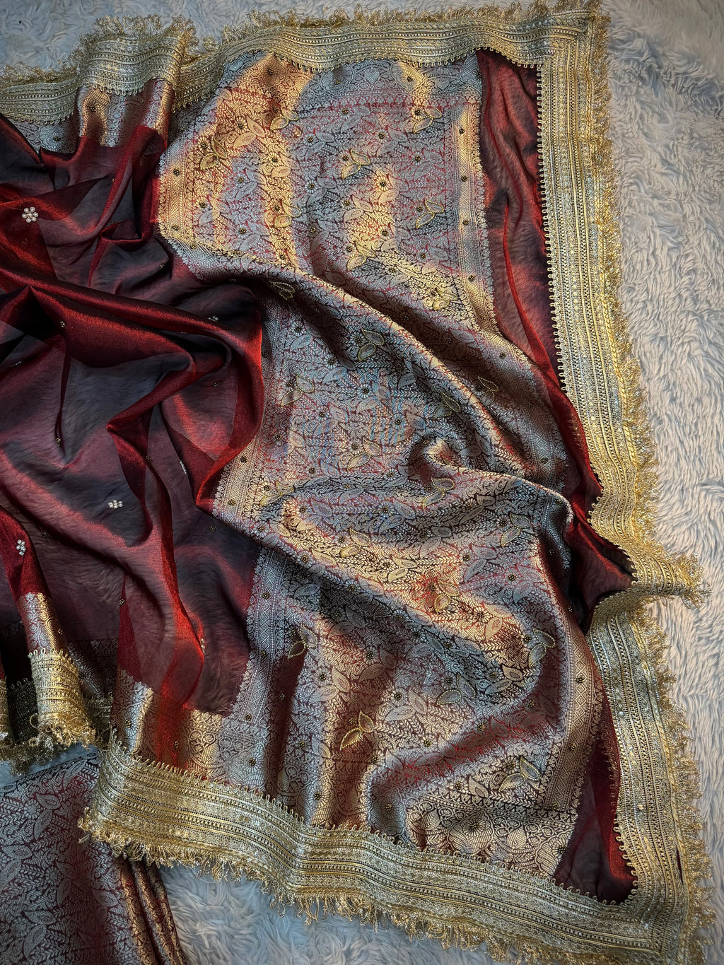 LUXURIOUS MAROON SHADE SOFT TISSUE SILK WITH PREMIUM HAND EMBROIDERY AND LACE WORK