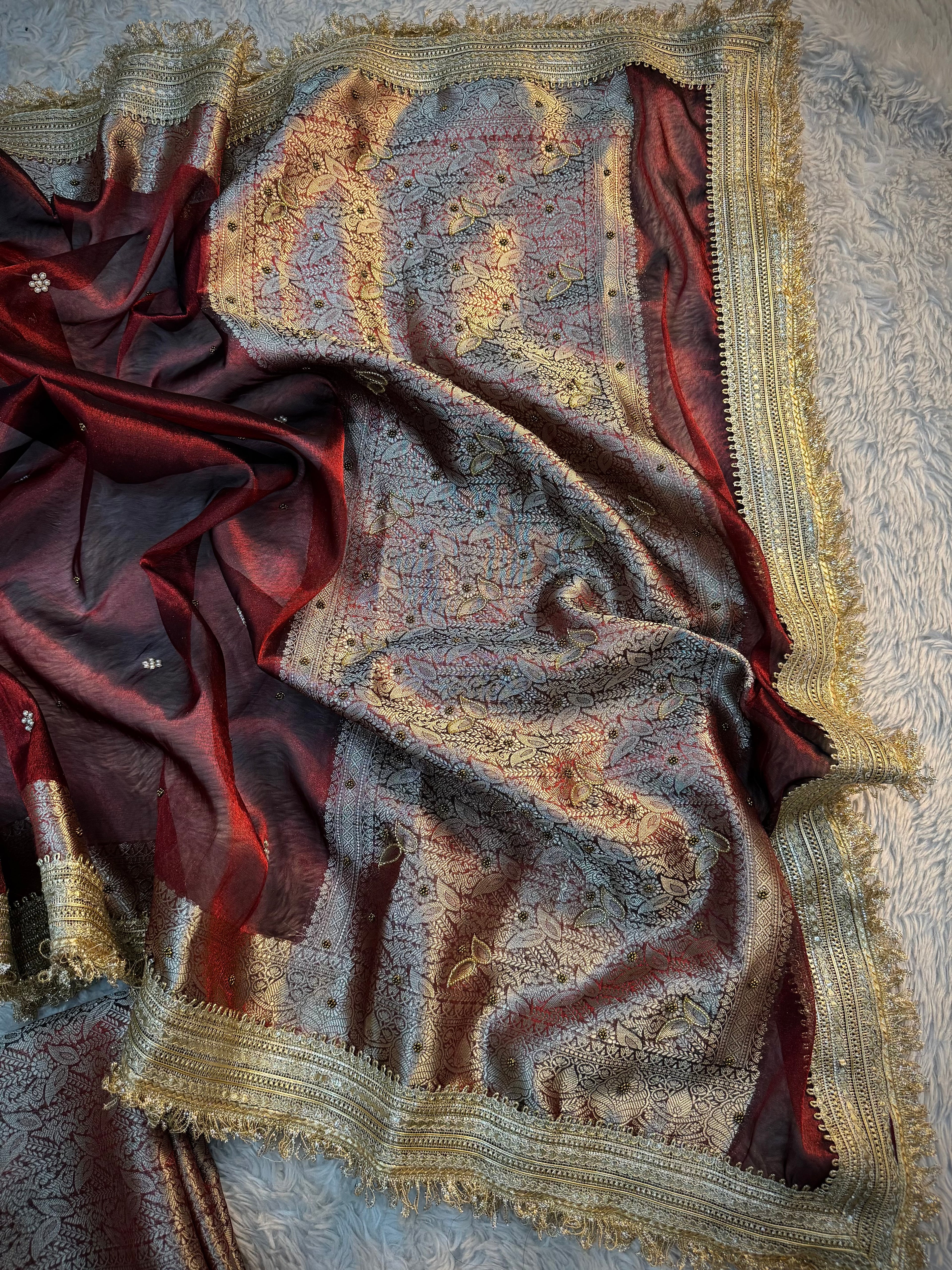 LUXURIOUS MAROON SHADE SOFT TISSUE SILK WITH PREMIUM HAND EMBROIDERY AND LACE WORK