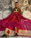 PREMIUM RED SHADE DESIGNER TISSUE SILK BOOTI SAREE WITH LACE ATTACHED