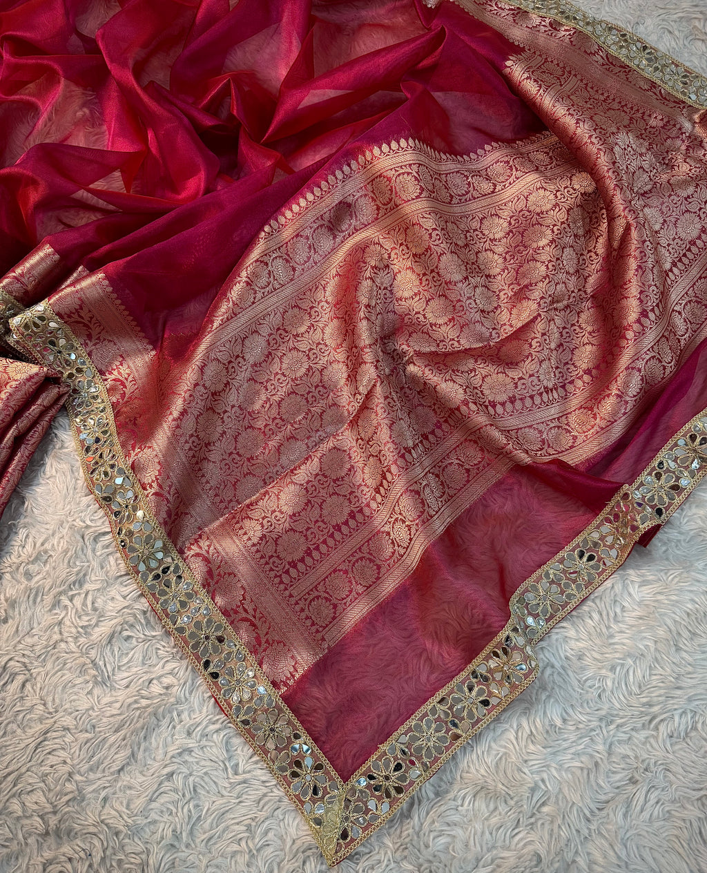 EXCLUSIVE HOT RANI SHADE SOFT TISSUE SILK SAREE WITH DESIGNER LACE ATTACHED
