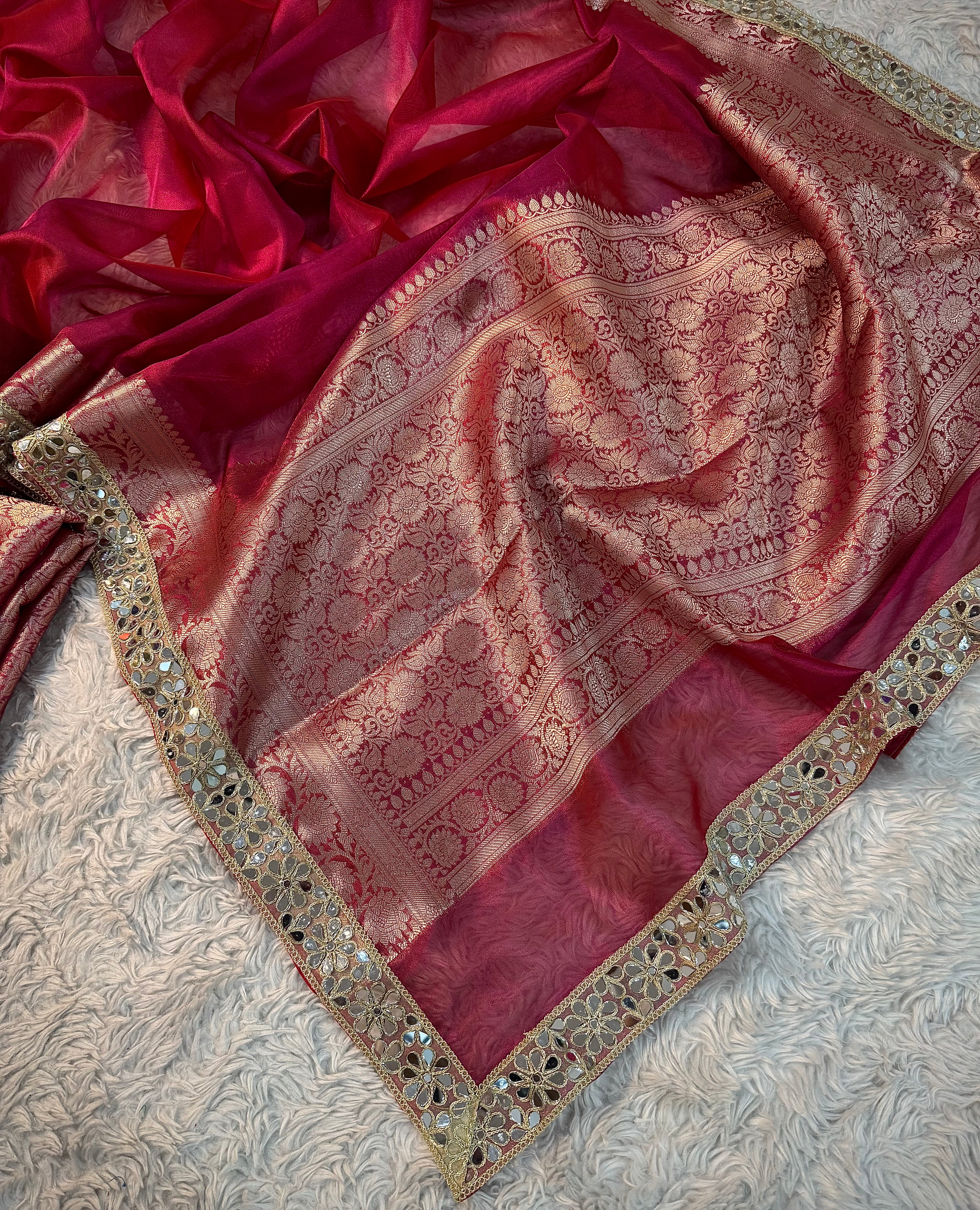 EXCLUSIVE HOT RANI SHADE SOFT TISSUE SILK SAREE WITH DESIGNER LACE ATTACHED