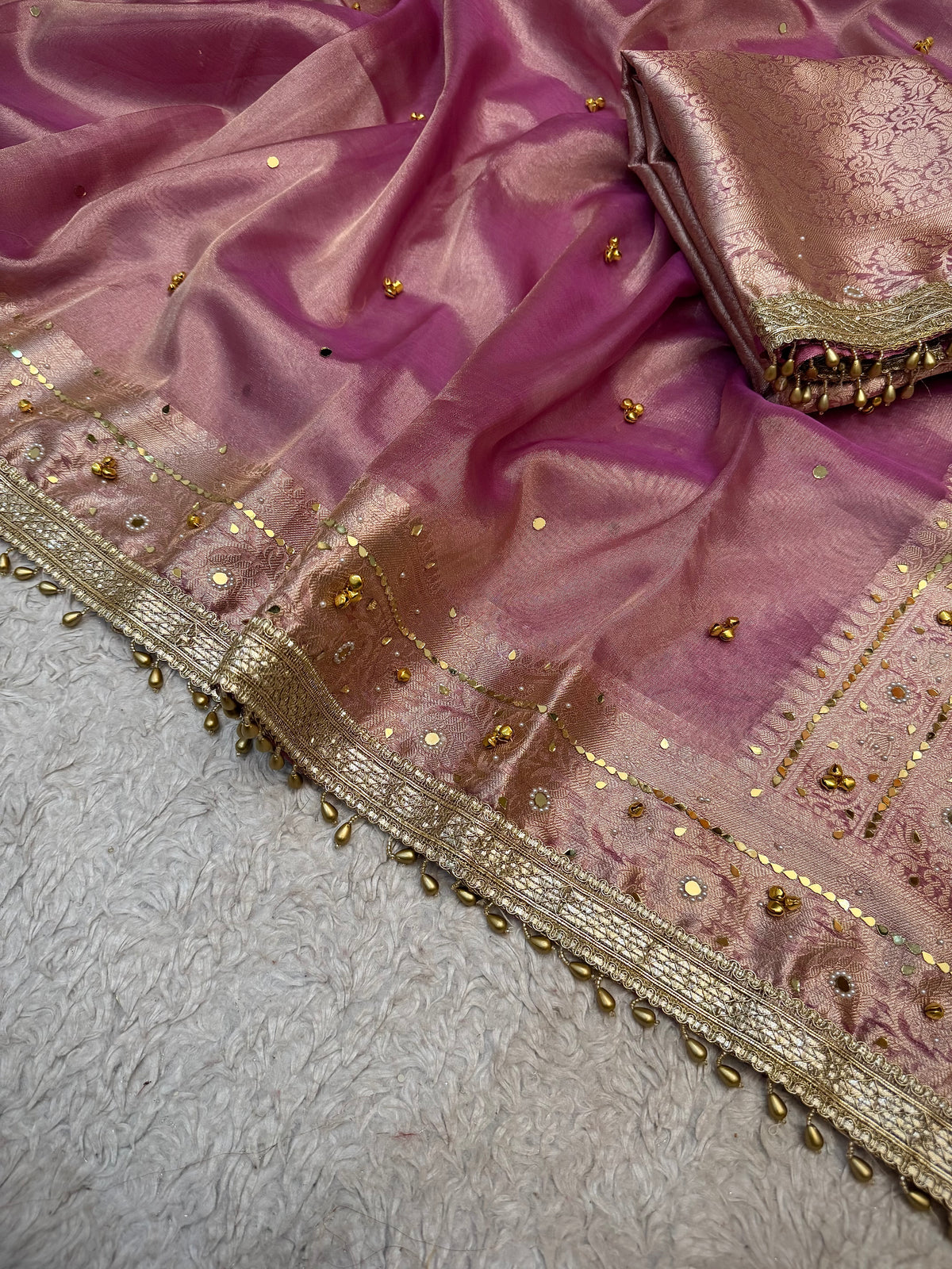 PREMIUM BABY PINK SHADE SOFT BANARASI TISSUE SILK GHUNGROO WORK WITH MIRROR WORK DESIGNER SAREE