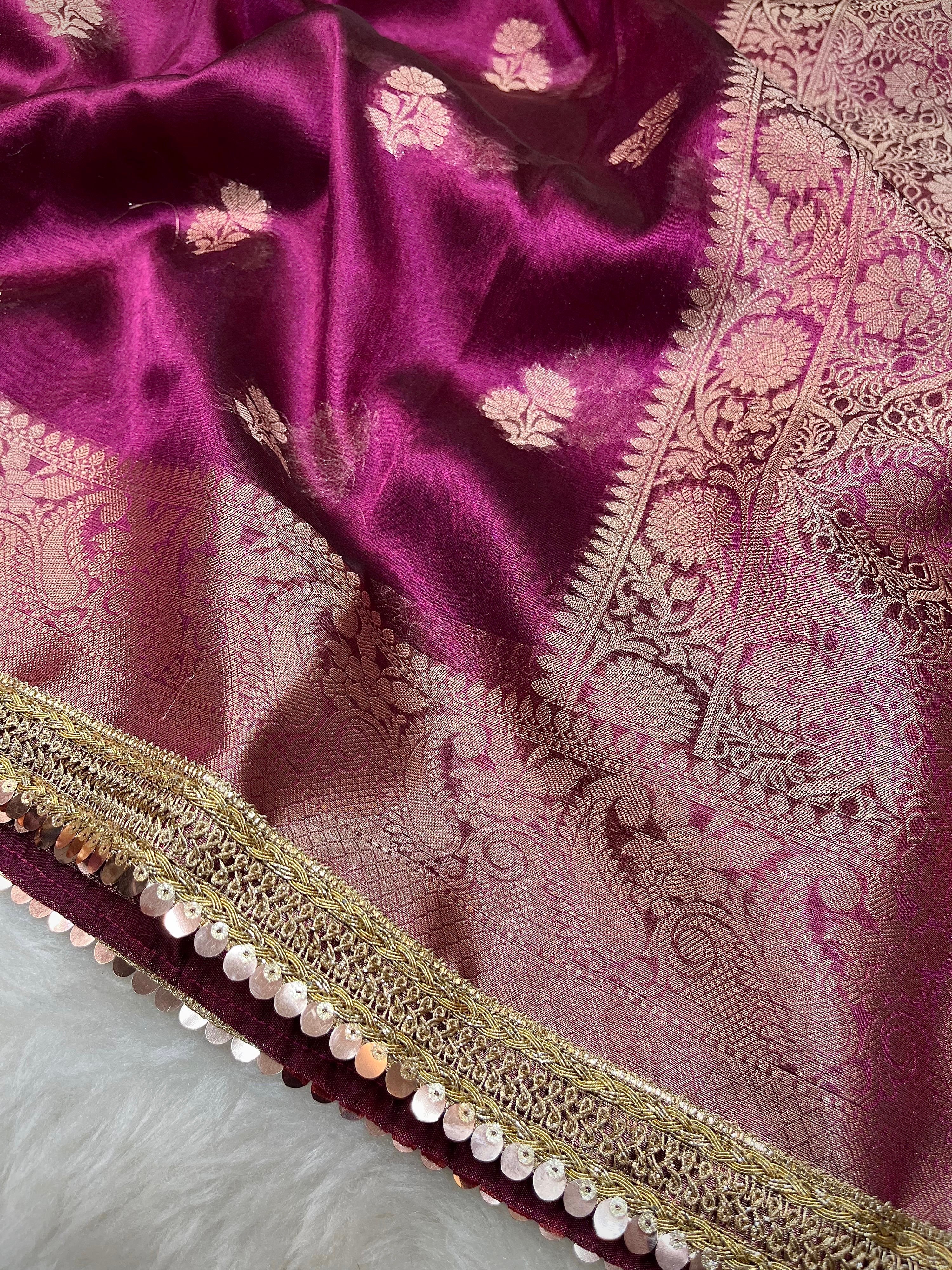 PREMIUM WINE SHADE DESIGNER TISSUE SILK BOOTI SAREE WITH LACE ATTACHED